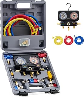 Orion Motor Tech AC Gauges, 3 Way Manifold Gauge Set for R1234yf R404a R134a Refrigerant, Automotive Gauge Set with Hoses Quick Couplers Self Sealing Can Taps for Car Freon Charging & Evacuation