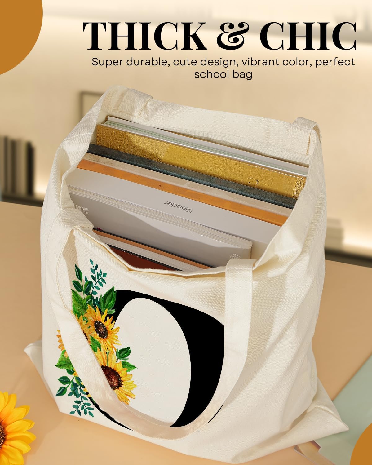 AUSVKAI Canvas Tote Bag Aesthetic for Women, Cute Sunflower Initial Trendy Monogram Personalized Initial Birthday Reusable Cloth Cotton Bags with Handle for Grocery College Shopping Beach - Image 5