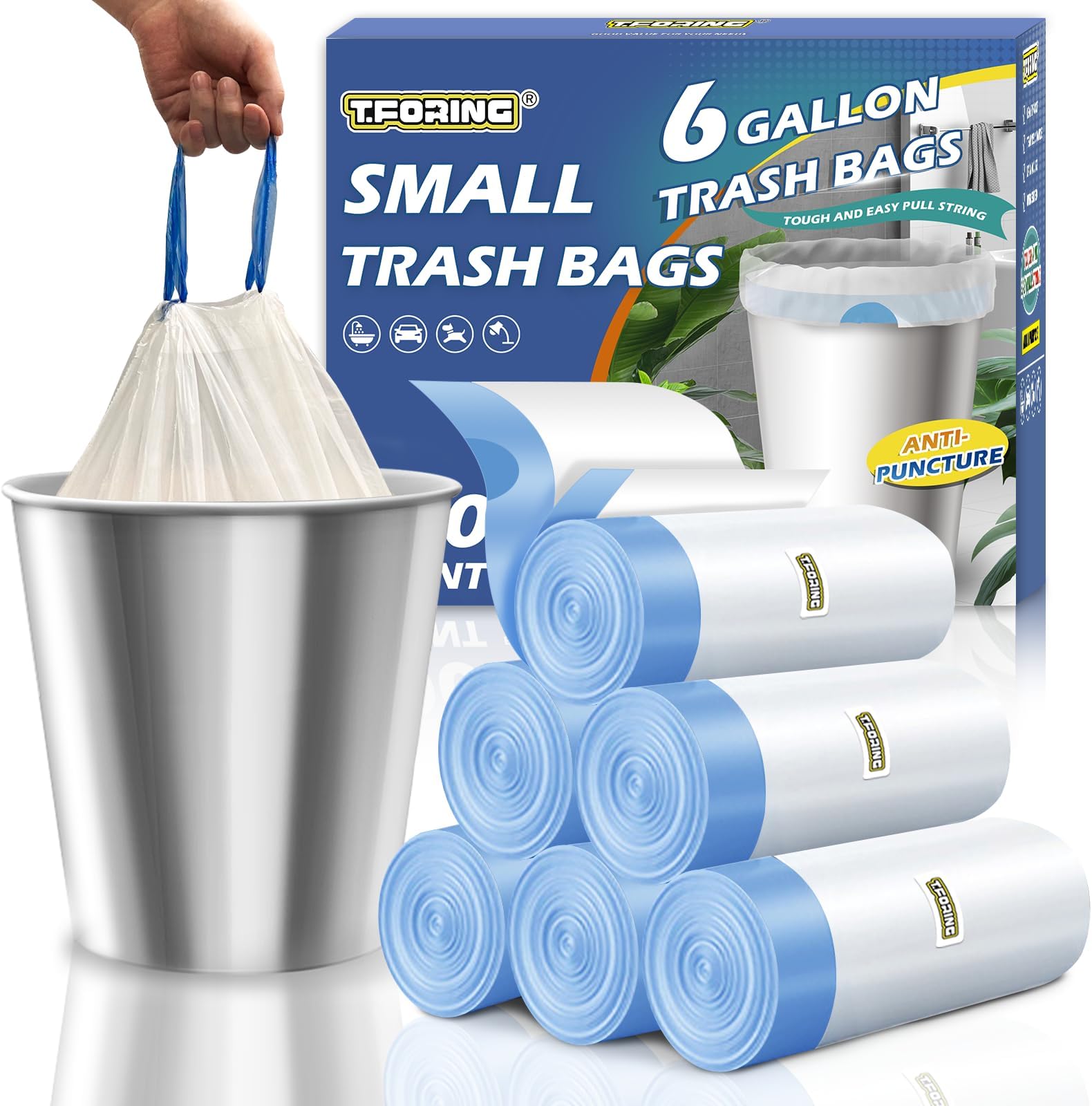 Medium 6 Gallon Trash Bags Drawstring,1.1 Mil,Unscented,120 Count | Tear-Free,Leakproof,Strong Garbage Can Liners,White,Fit 18 - 23 Liter Waste Bins,for Bathroom Office Kitchen Everyday Use