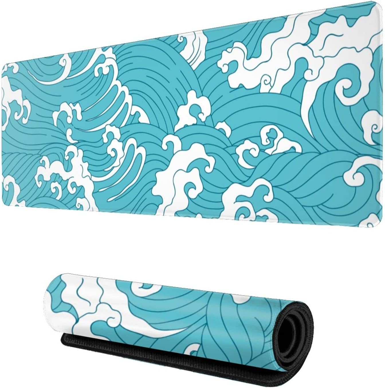 Blue and White Japanese Wave Gaming Mouse Pad XL, Large Non Slip Rubber Mousepad, Stitched Edges Desk Pad, Long Extended Mice Pad,31.5'' X 11.8''