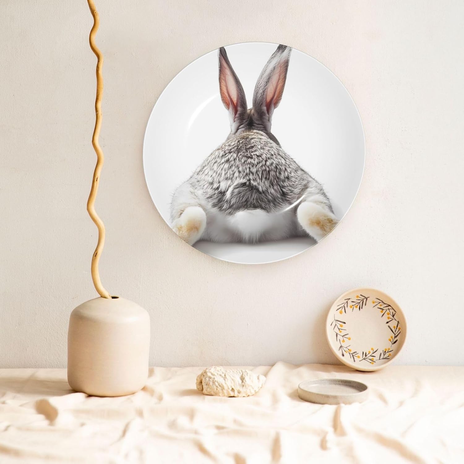 Grey Rabbit Bunny Tail Style Ceramic Plate Display Home Display With Stand Wall Hanging Plate For Home Decor 10 Inch