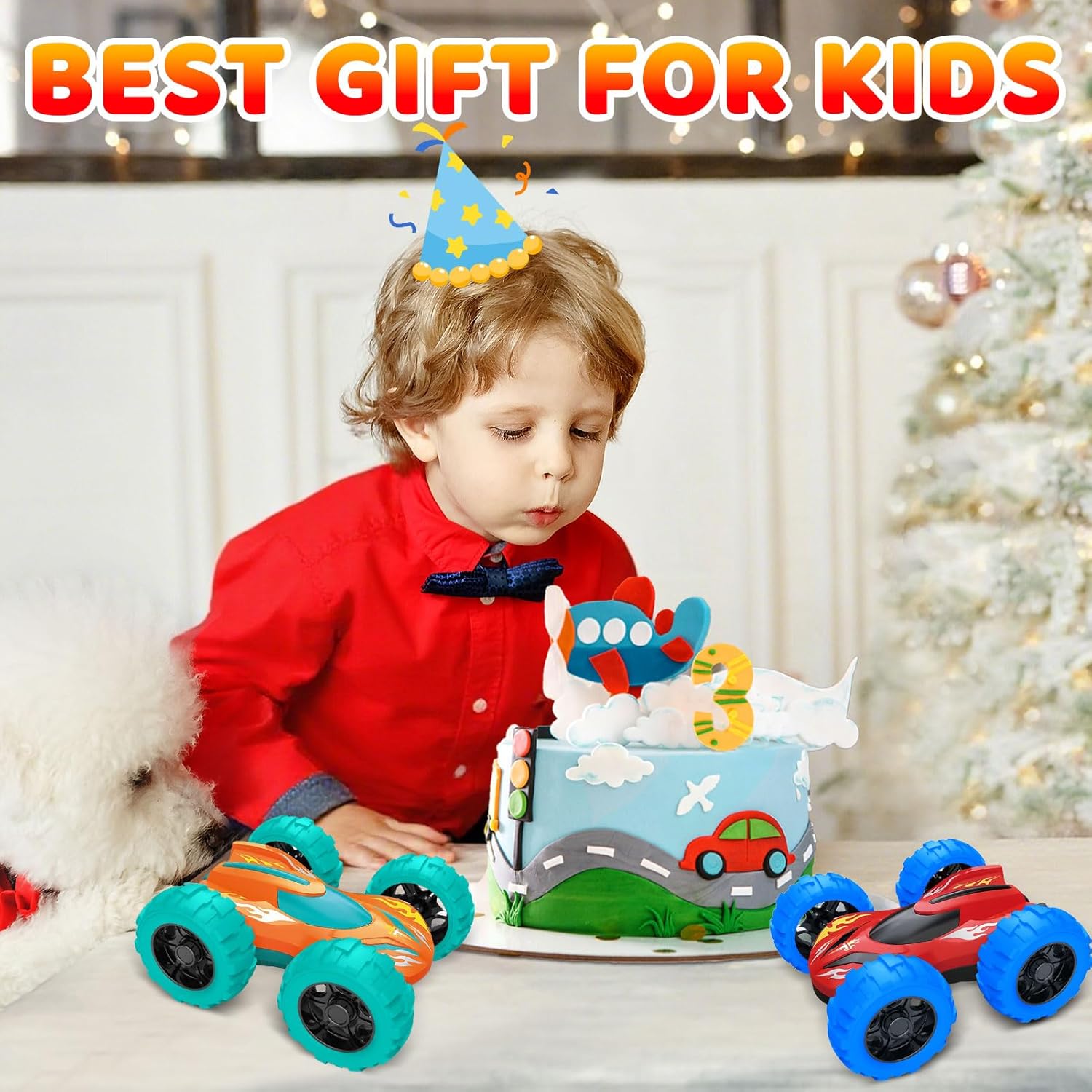 2 Pack Car Toys for 3 4 5 Years Old Boys, Sturdy Friction Powered Monster Truck Toys, Double-Side Stunt Vehicles, Push and Go Cars, Sand Toy, Easter Christmas Birthday Gift for Boys Girls Kids Toddler