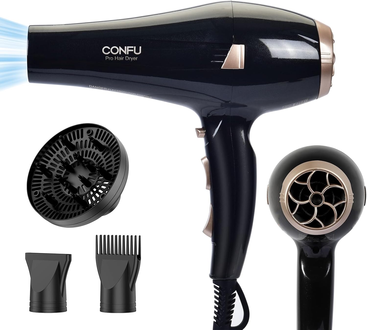 CONFU Hair Dryer, Professional Ionic Salon Blow Dryer with Diffuser for Women and Men, 5X Fast Drying, Powerful and Quiet Hair Blow Dryer for Fast & Easy Styling (1875 Watts)