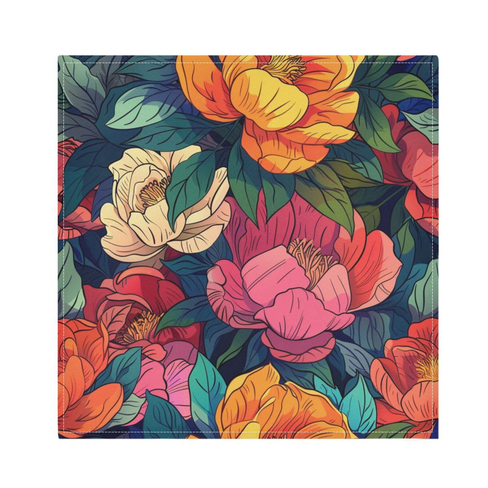 ALAZA Colorful Peony Floral Cloth Napkins Set of 4, 20x20 Inch Washable and Reusable Napkin for Decoupage Dinner Party Everyday Use