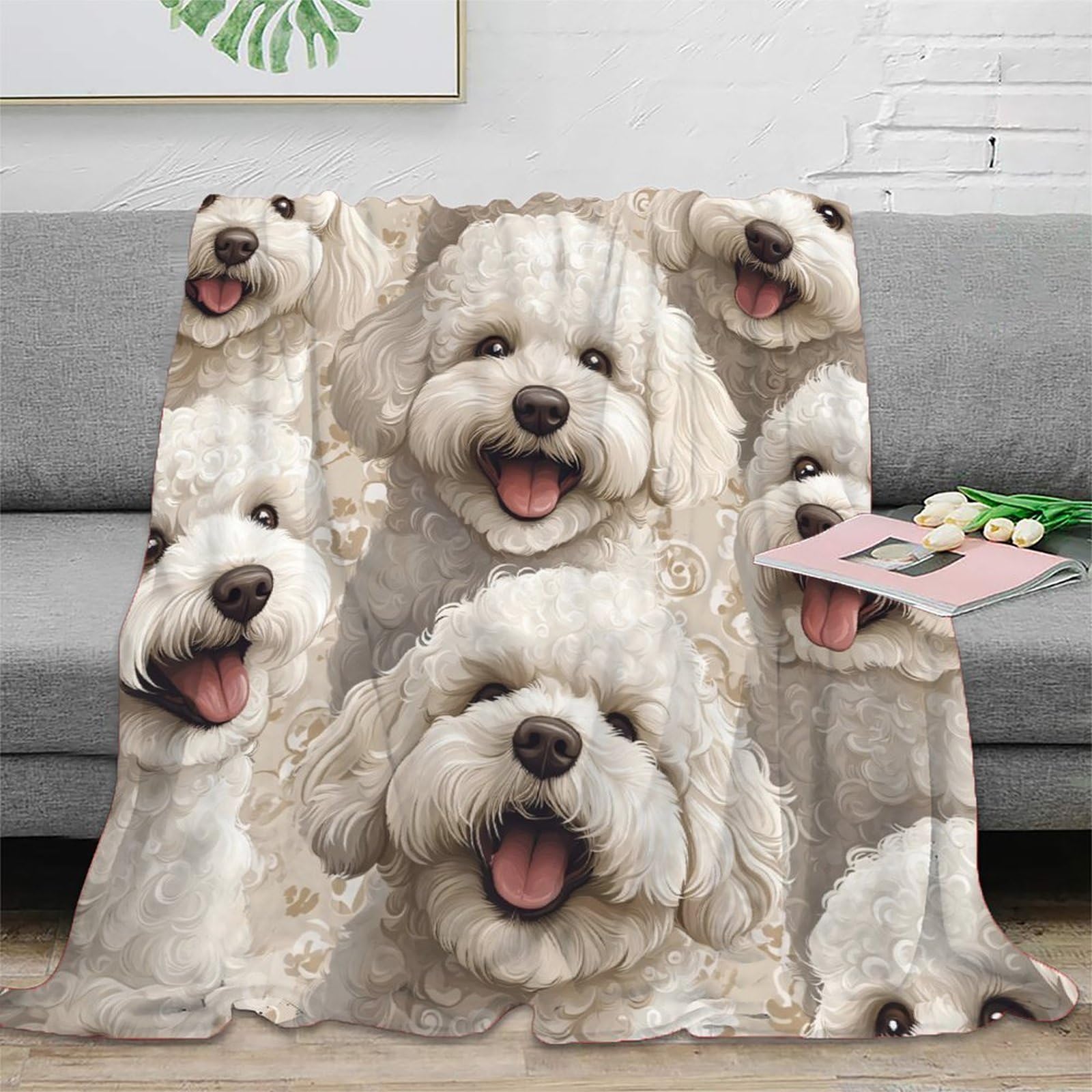 Couverture antistatique blanche motif chien plaid microfibre chaud lavable en machine 150x200
