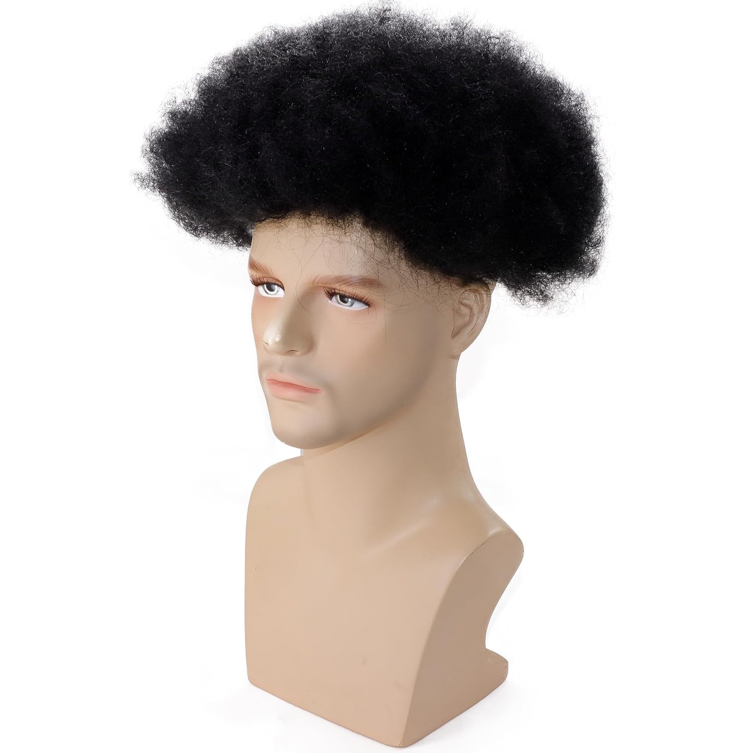 Afro Curl Mens Toupee for Black Men Human Hair Full PU Skin African American Kinky Curly Systems Man Hairpiece Wigs 10x8 INCH 1B Black Color