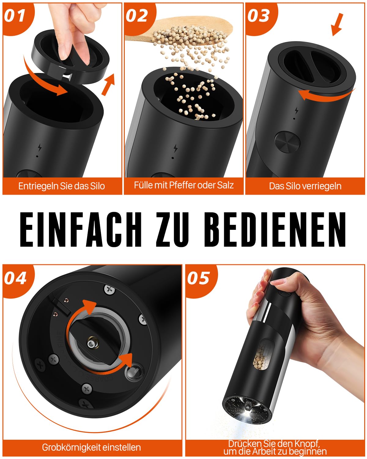 Homtronic Salz und Pfeffermühle Elektrisch 2er Set, 110ml Große Kapazität | Elektrische Pfeffermühle mit USB-C Dual Ladestation, 4 Einstellbarer Mahlgrad/LED Licht/Salz und Pfefferstreuer für Küche BBQ