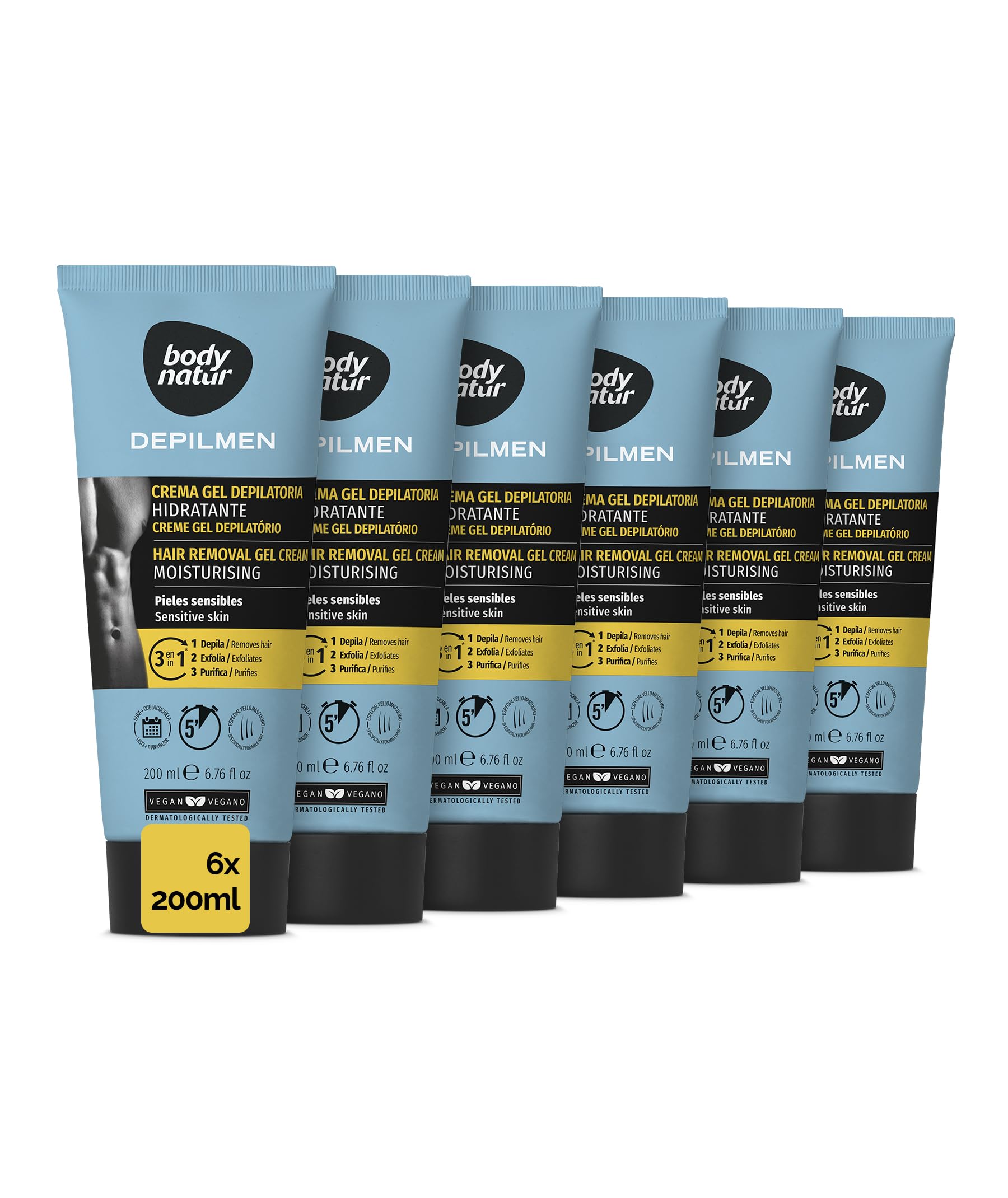 BODY NATUR - Depilmen Pack 6 Cremas Depilatorias Hidratantes para Hombres de 200 ml | con Aloe Vera y Manteca de Karité | para Pieles Sensibles | Elimina el Vello y Cuida Tu Piel