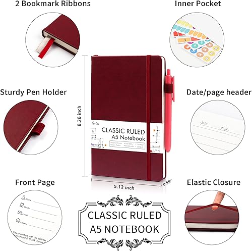 Miniatura 9 de feela - Paquete de 5 cuadernos a granel para la escuela, cuadernos de negocios de tapa dura, diarios clásicos a rayas con soporte para bolígrafo