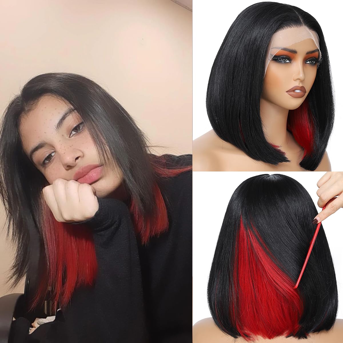 Brown Straight Bob Wig for Women, Shoulder Length Lace Front Wig with Natural Middle Part Soft Silky Synthetic Wig Realistic Short Wig