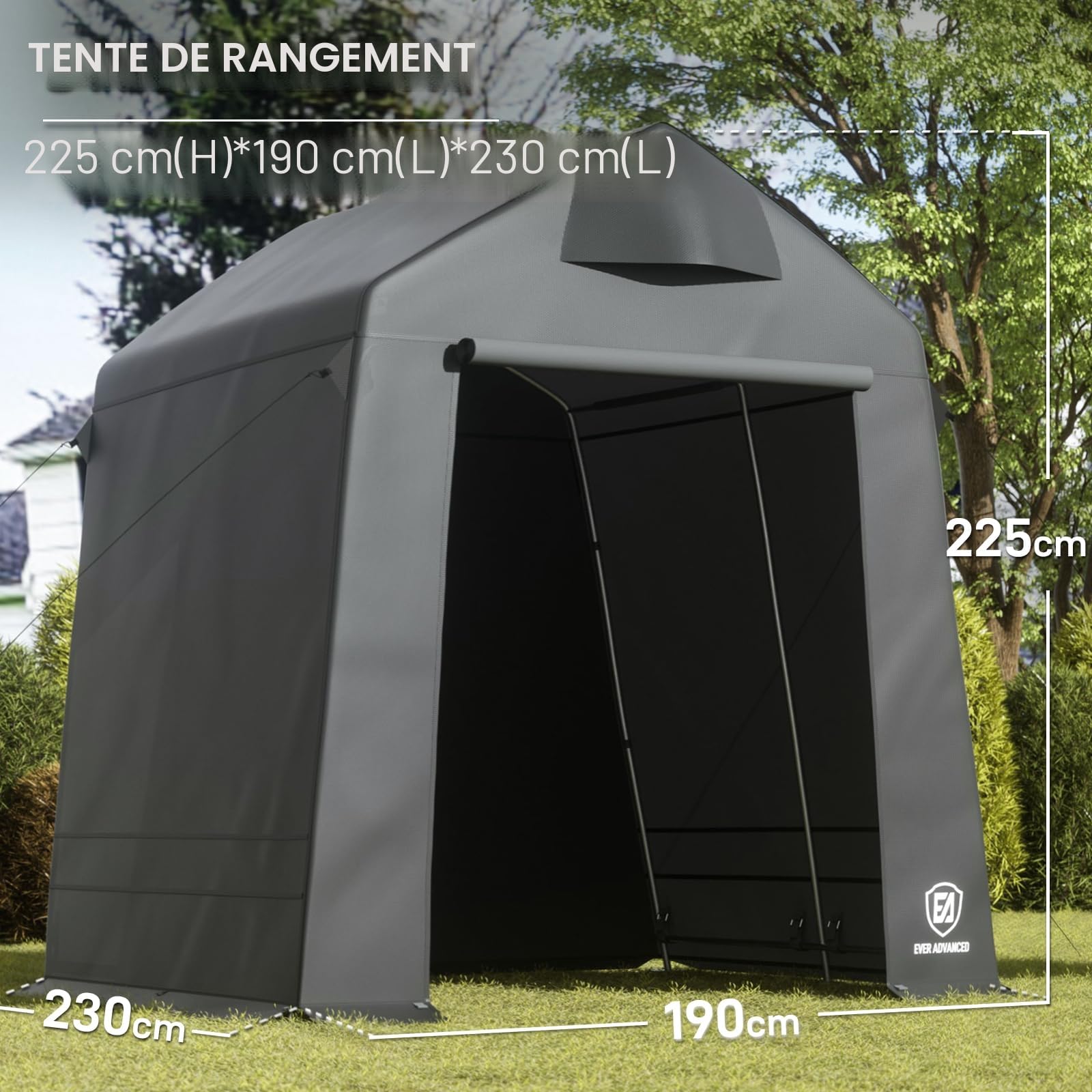 EVER ADVANCED Abri de Jardin 9.8m³ Tente de Stockage 190x230x225cm, Abri de Jardin étanche avec 2 Ouvertures d'aération, Garage à vélos abri de vélo Garage de Rangement abri Tout Usage, Gris