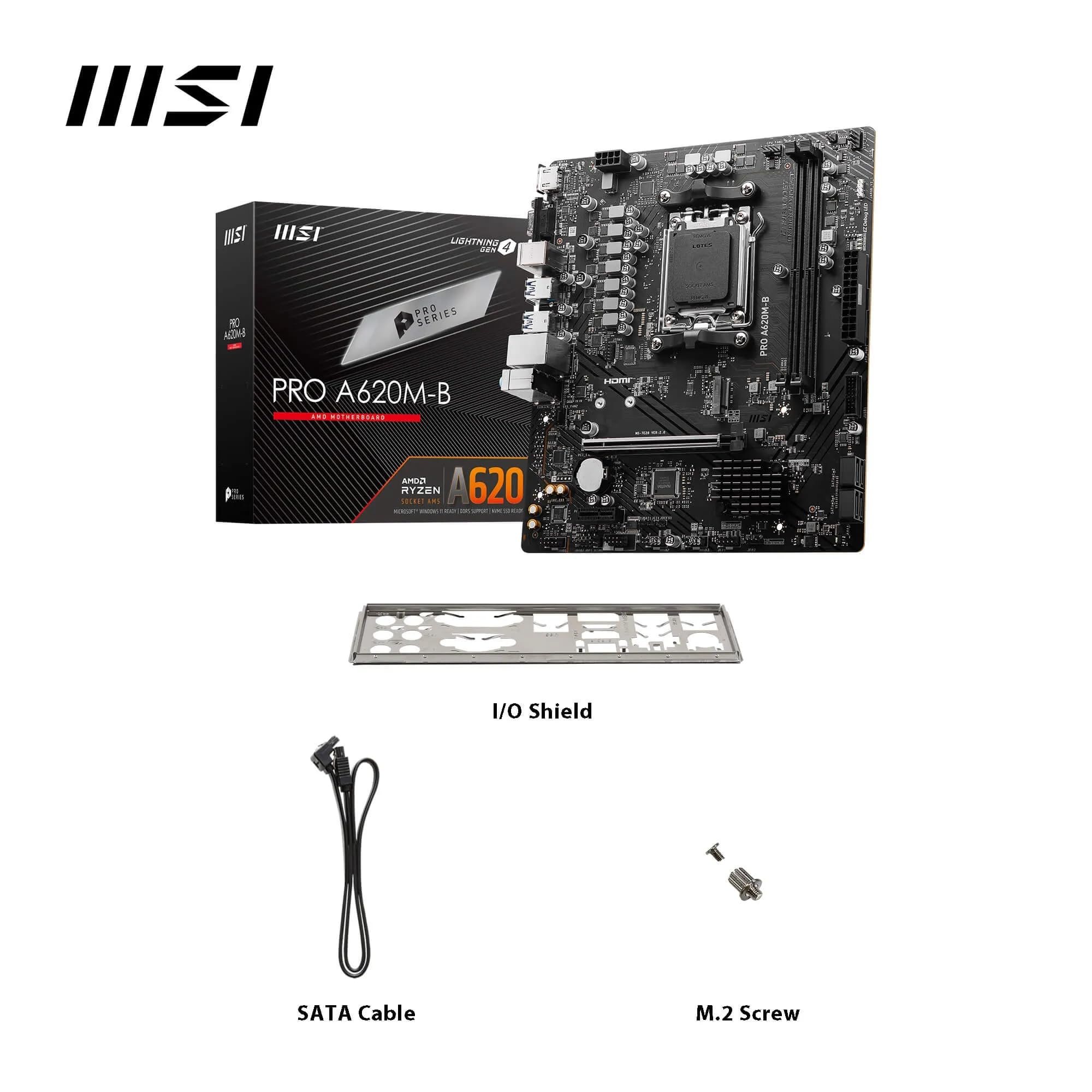 MSI Pro A620M-B, Placa Base Micro-ATX - Compatible con procesadores AMD Ryzen 9000/8000 / 7000, AM5 - DDR5 Memory Boost (6800+ MT/s OC), 1 x PCIe 4.0 x16, 1 x M.2 Gen4