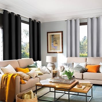 YoungsTex Grommet Black Blackout Curtains Bundle Light Grey Blackout Curtains in 63 inch Length