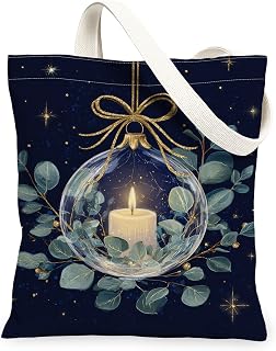 Candle Eucalyptus Canvas Tote Bags, Elegant Floral Design Reusable Grocery Bags, Winter Lightweight Washable Shoulder