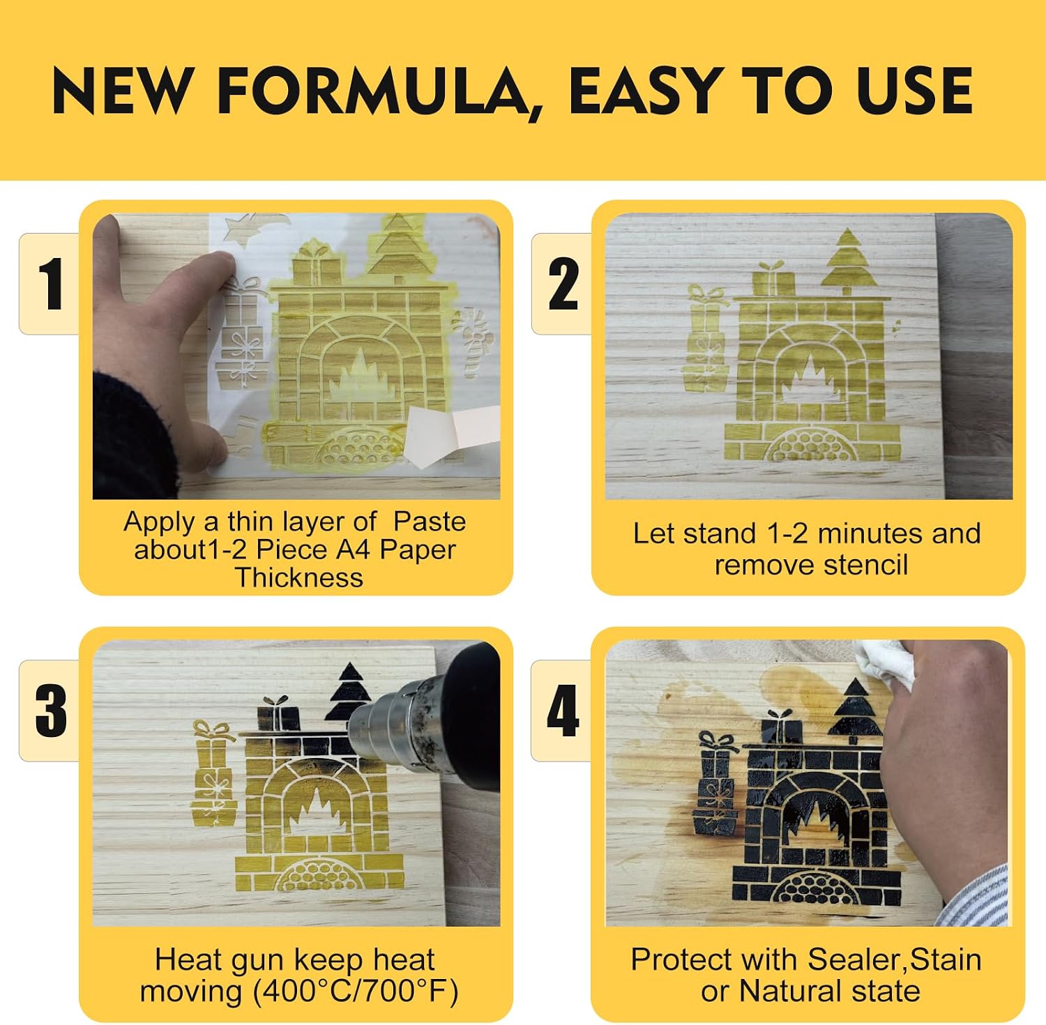 OYACH 6oz Wood Burning Paste Gel for Heat Gun,Scorch Burn Marker Tool,Wooden Burn Heat Painting with Squeegee &Test Stencil for DIY Wooden Crafts,Stencil Burning for Beginner Adult(Wood not Included)