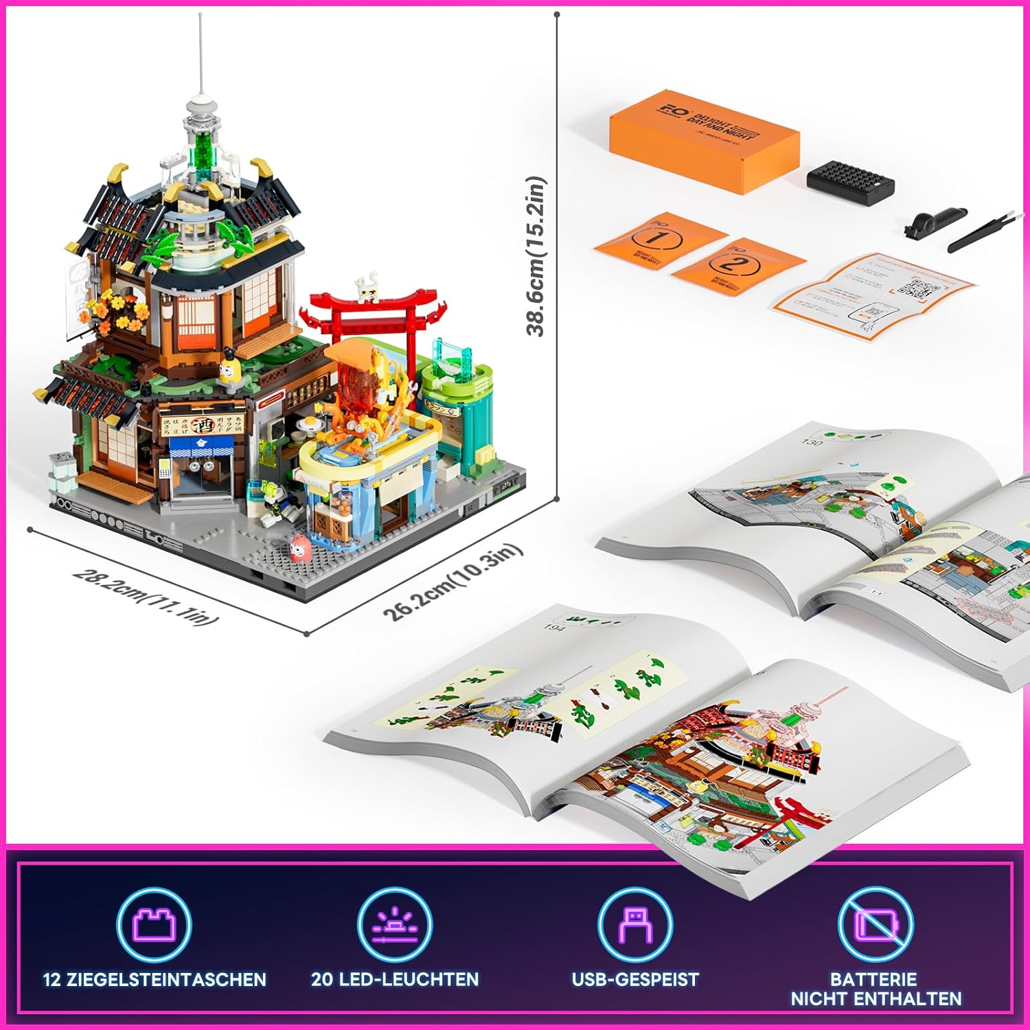 FUNWHOLE Cyberpunk Japanese-Izakaya Lighting-Building-Bricks Set - Cyberpunk Neon City Future Pub Japanese Street View House Collection LED Light Model Set 1987 Pcs for Adults and Sci-fi Lovers