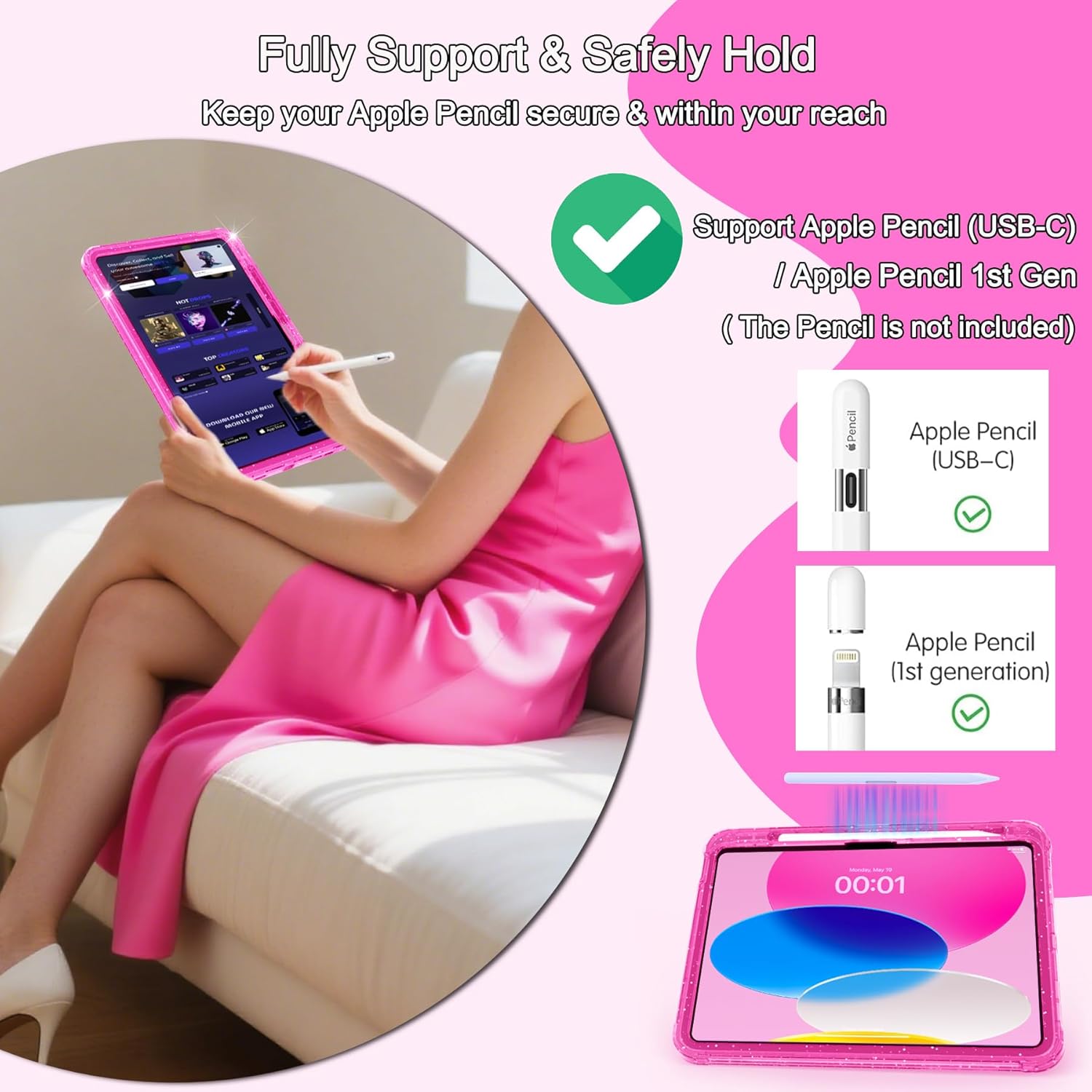 Rantice Case for iPad A16 11-inch 11th Generation, iPad 10th Generation Case 10.9 Inch, Pencil Holder & Kickstand - Slim, Glittery and Shockproof Bumper for Women and Girls, Rosered Glitter - Image 7