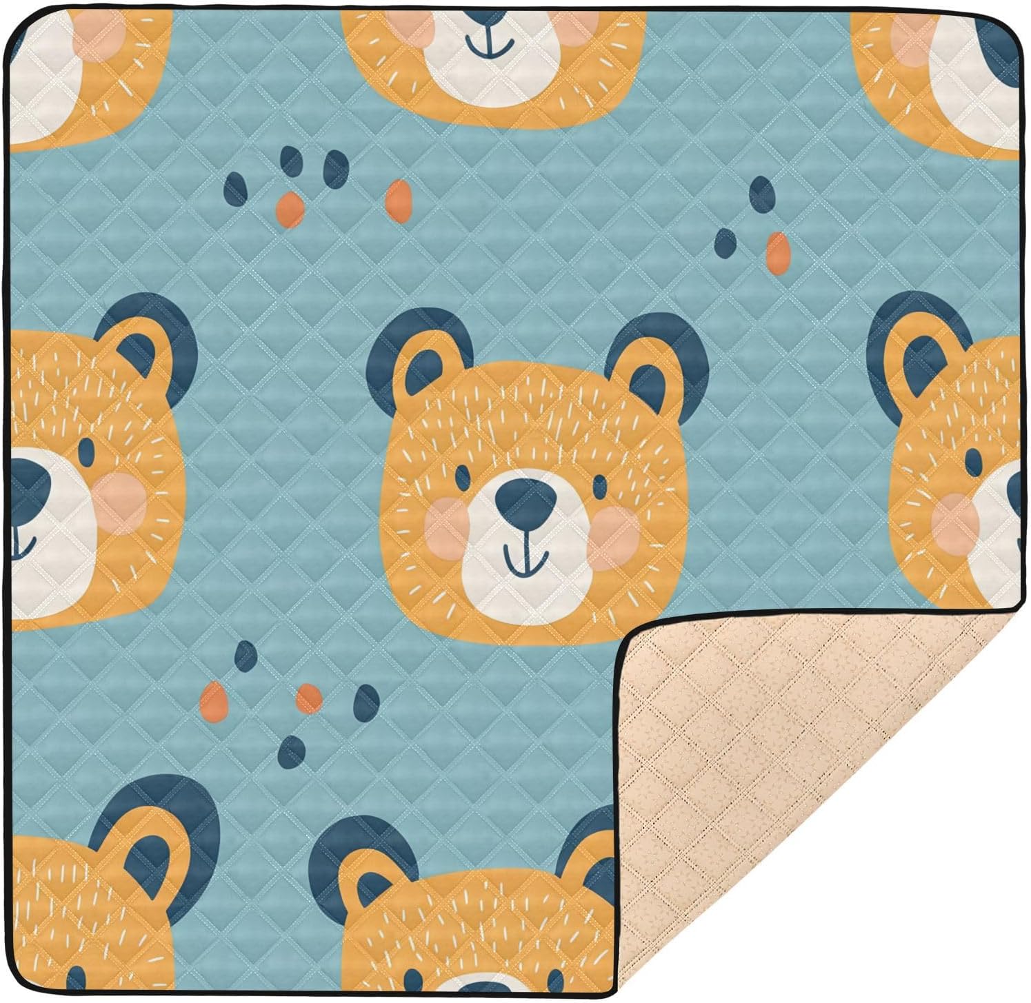 Doodle Cute Bear Head Baby Play Mat, 50“ X 50” Washable Folding Crawling Mat, Baby Floor Mat, Soft, Thick, Non-Slip