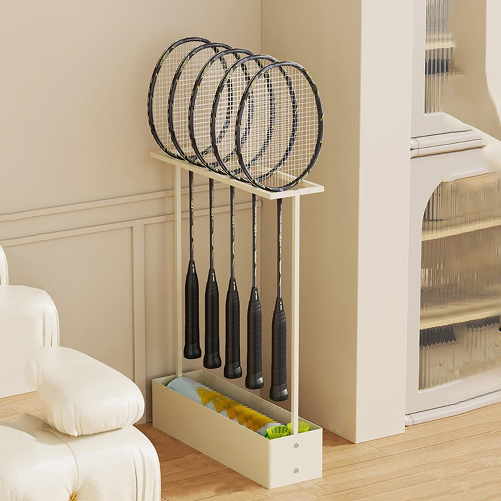 Rastrelliera Racchetta Tennis Supporto, Scaffale Porta Racchette da Badminton, Vano Portaoggetti Inferiore, Salvaspazio, Adatto a Palestre e Scuole