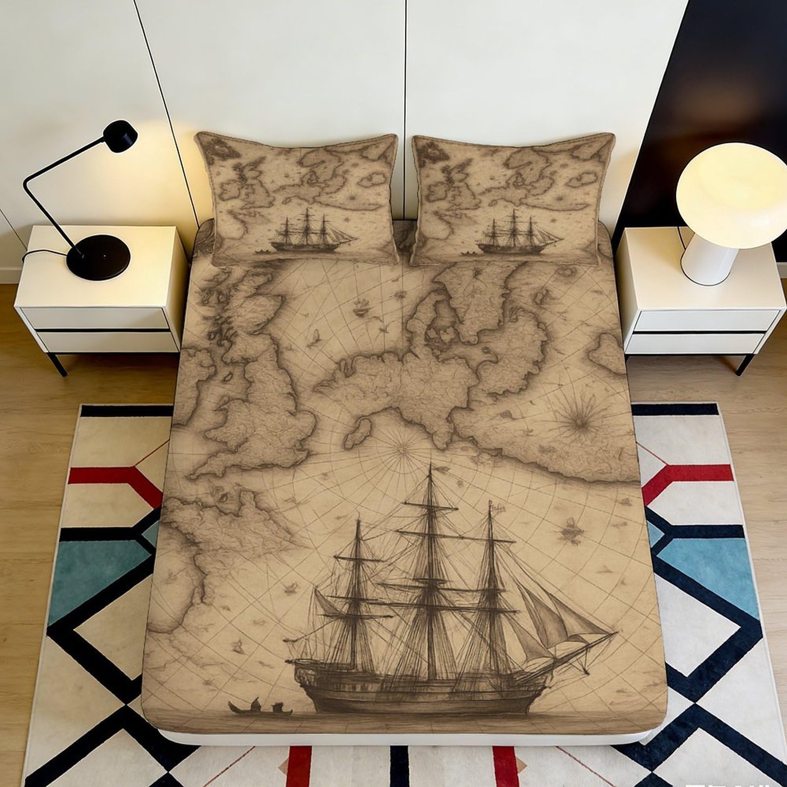 3D Printed Vintage Map Fitted Sheet Microfiber Soft Breathable Old Sailing Ship Bed Cover for Bedroom Dormitory Guest Room Mattress Protection Decor 180x200x25cm