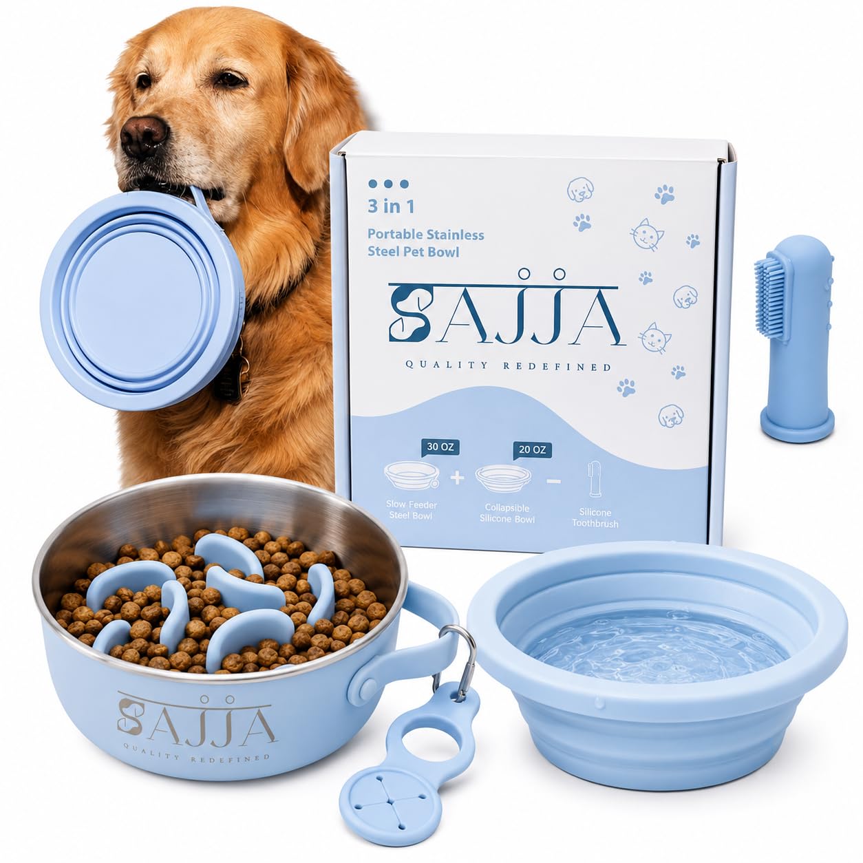 Sajja Ensemble de gamelles 3 en 1 pour animaux de compagnie avec couvercle pliable | Mousqueton et porte-bouteille d'eau | Insert d'alimentation lente | Fond en caoutchouc antidérapant | Sans BPA et