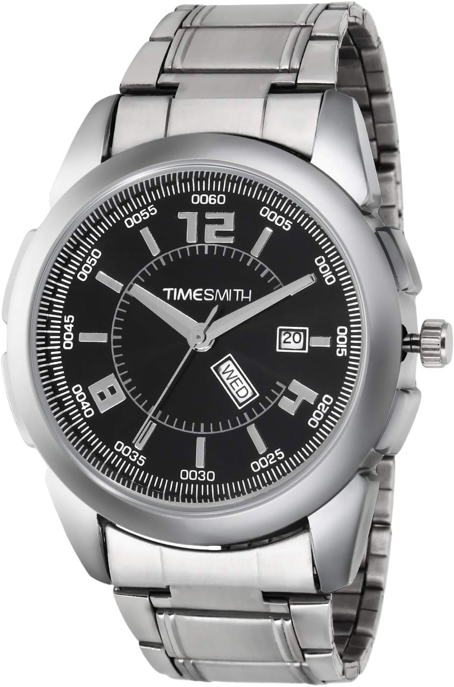 TIMESMITHBlack Dial Silver Stainless Steel Metal Strap Genuine Premium Branded Day Date Analog Watches for Men Latest Stylish TSC-008heli10qwq1