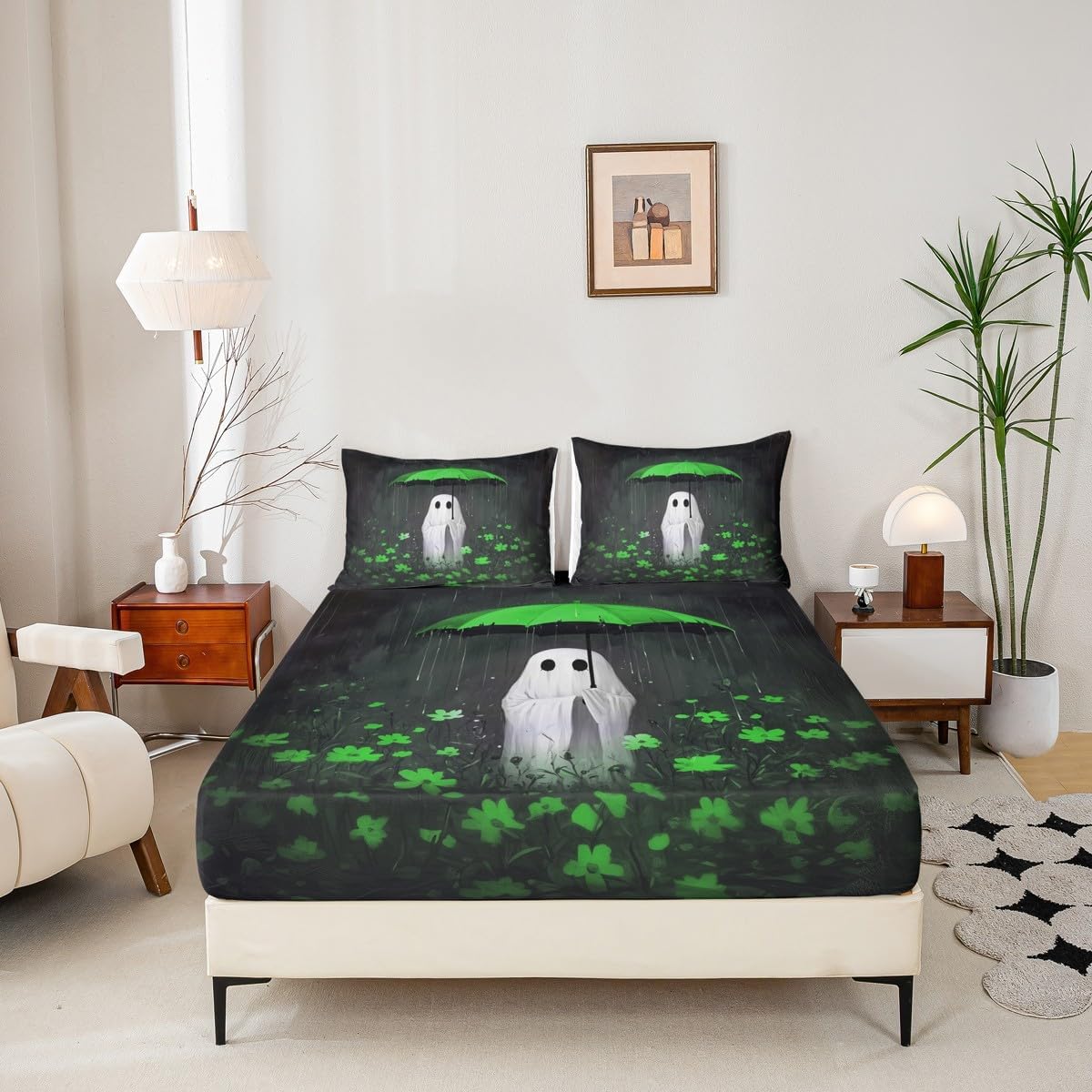 Gothic Fitted Sheet Halloween Ghost Full Size Bed Sheets - Green Umbrella Jungle Flowers Boho Floral Bedding Set,Halloween Decorations