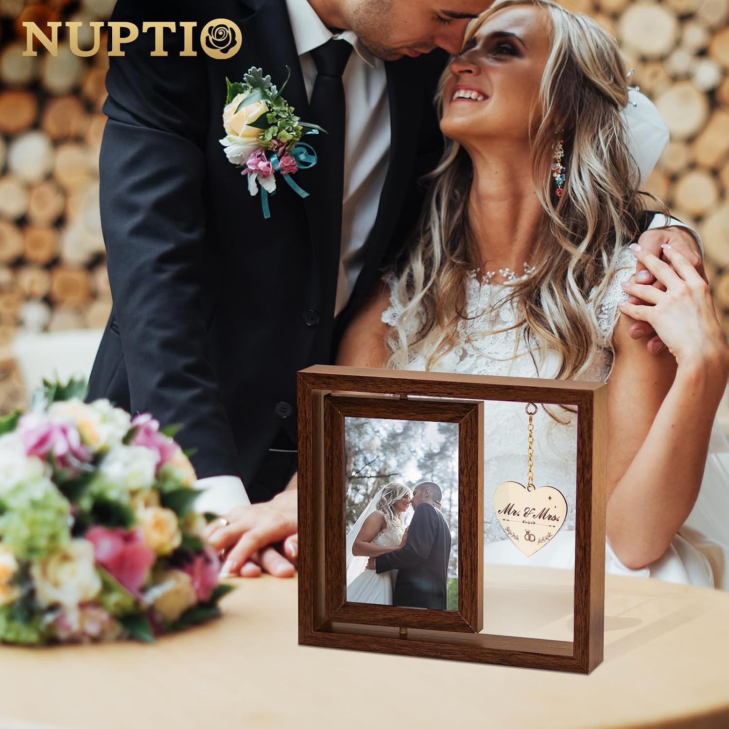 NUPTIO Wedding Gifts Picture Frame: Couples Gift Ideas for Mr and Mrs Bride Groom Newlywed Bridal Shower Christmas Engagement Anniversary 4x6 Rotating Double Sided Photo Frames with Heart Pendant