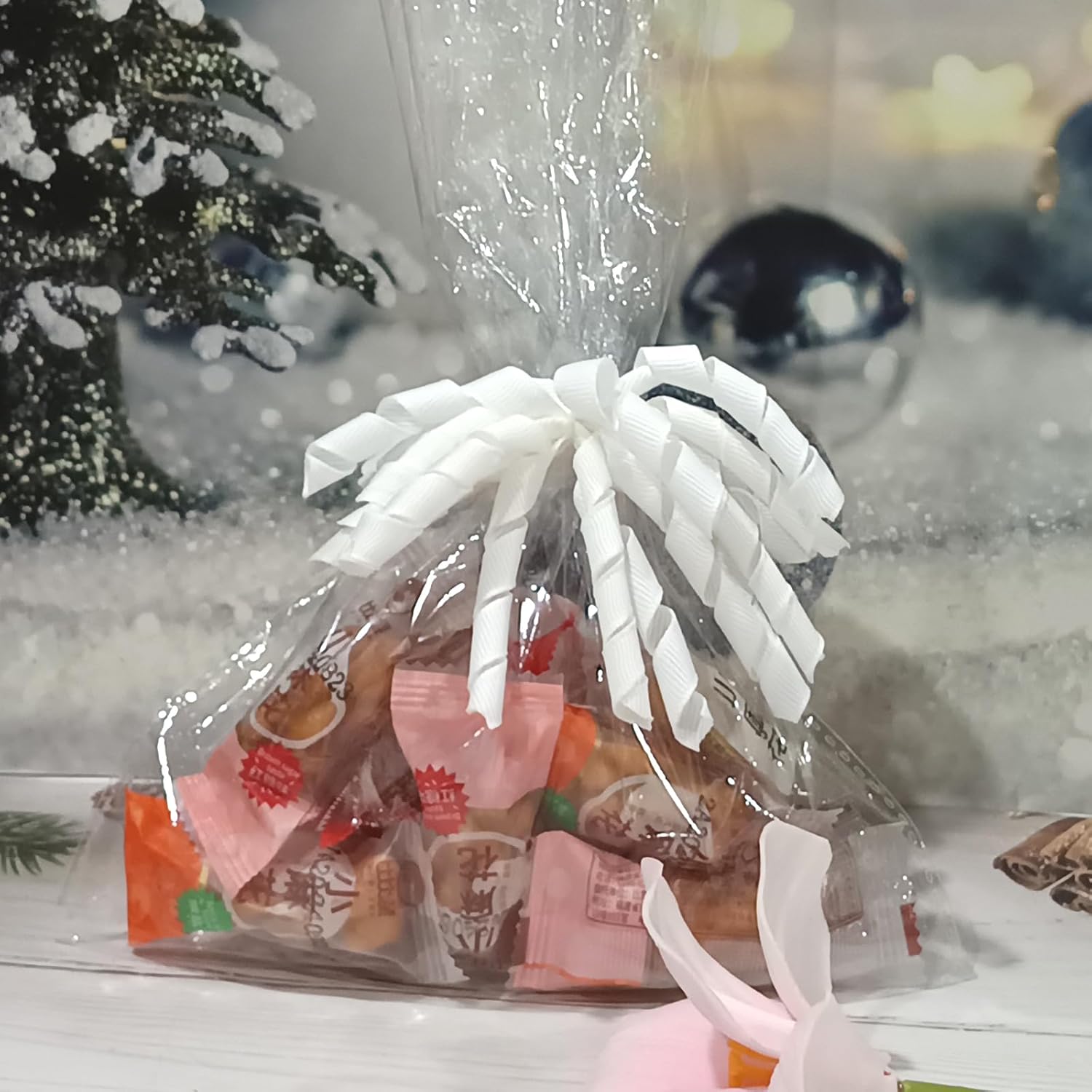 White Gift Bows Curly Ribbon Self Adhesive Twist Tie Bows for Treat Bags, Grosgrain Ribbon, 4 Inches, 6 Packs - Image 2