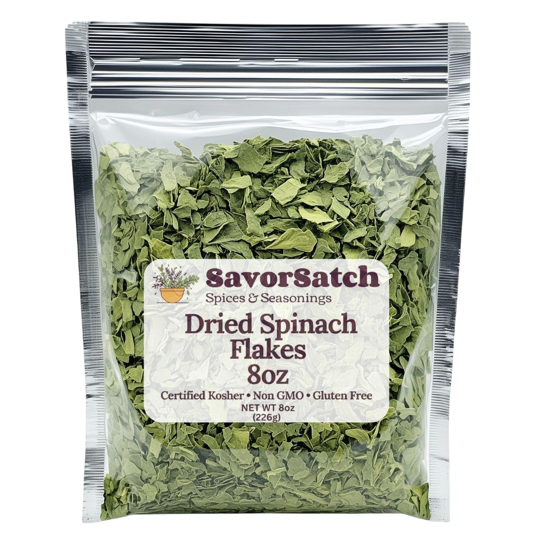 SavorSatch Dried Spinach Flakes – Dehydrated Spinach Leaves, 8oz Resealable Pouch, Certified Kosher, Emergency Food Supply for Cooking, Camping, Backpacking, Soups, Sauces, Dips, Breads & Seasoning