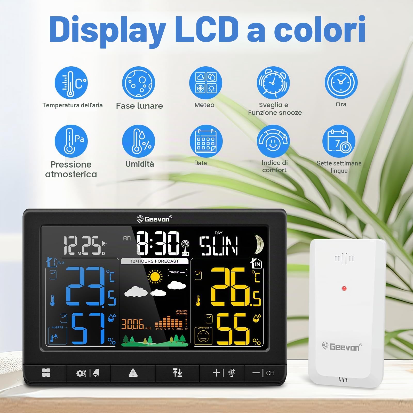 Geevon Stazione meteo radio con sensore esterno, orologio radio DCF, ampio angolo di lettura LCD a 350°, per interni ed esterni, umidità, barometrico, fase lunare, previsioni meteo (246304 con