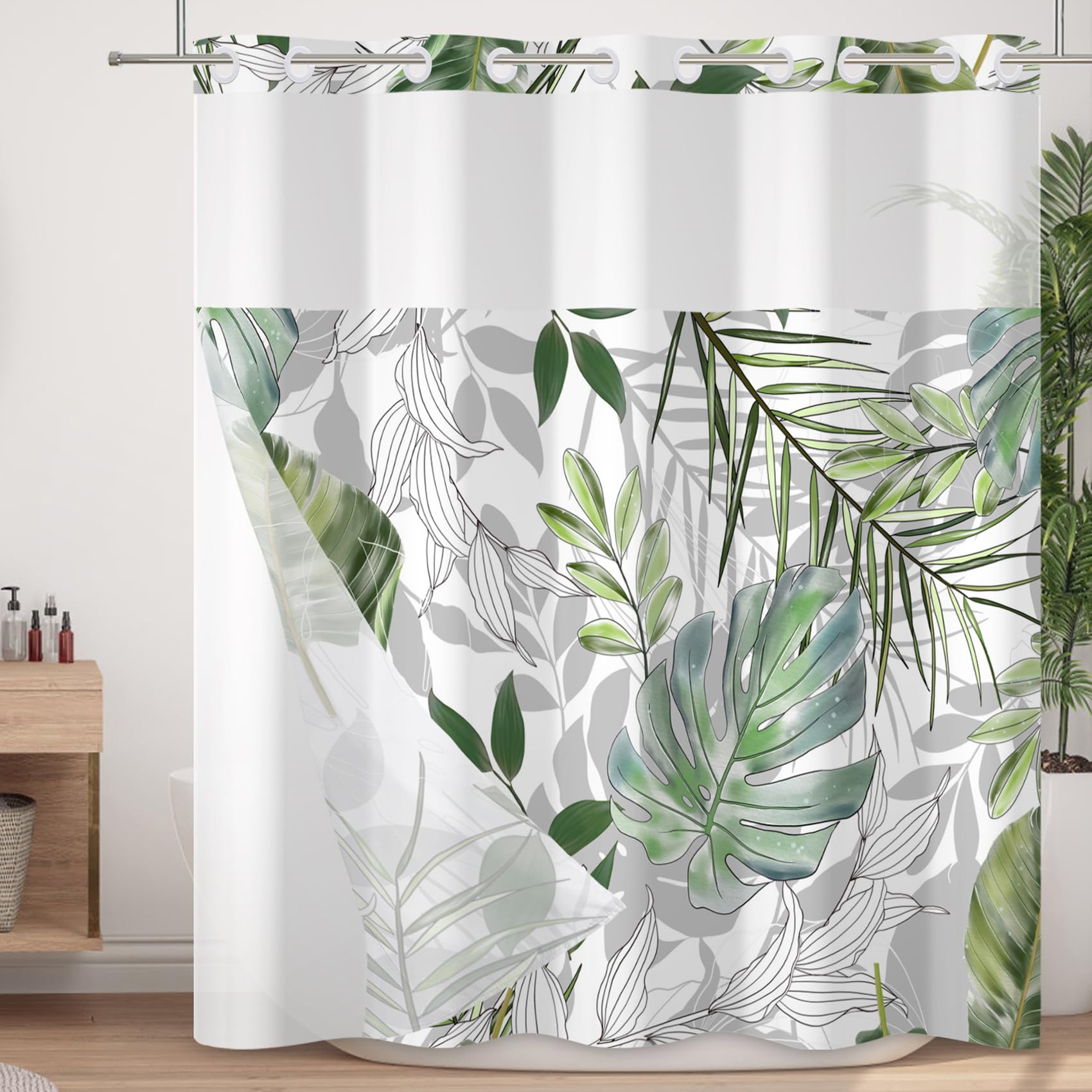 Duschvorhang ohne Haken, mit einrastbarem Innenfutter, doppellagig, wasserdicht, waschbar, Stoff mit durchsichtigem Netzfenster oben, für Badezimmer, Hotel, 180 x 200 cm