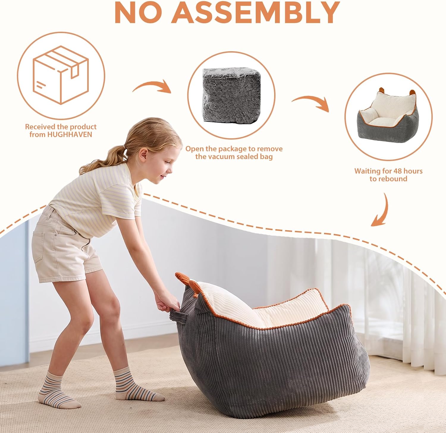 HUGHEAVEN Kids Bean Bag Chair, Small Plush Bean Bag Sofa with Filler for Boys & Girls, Soft Lazy Floor Chair with Side Pocket, Comfy Seat for Reading, Gaming, Watching TV, Napping & Relaxing