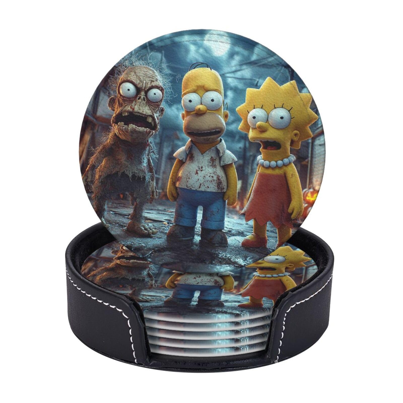 Coasters Set of 6 Leather Drink Coasters with Holder Simpsons Coasters for Drinks Heat Resistant Coaster Round Coffee Cup Mat Pad for Kitchen Office Home Decor