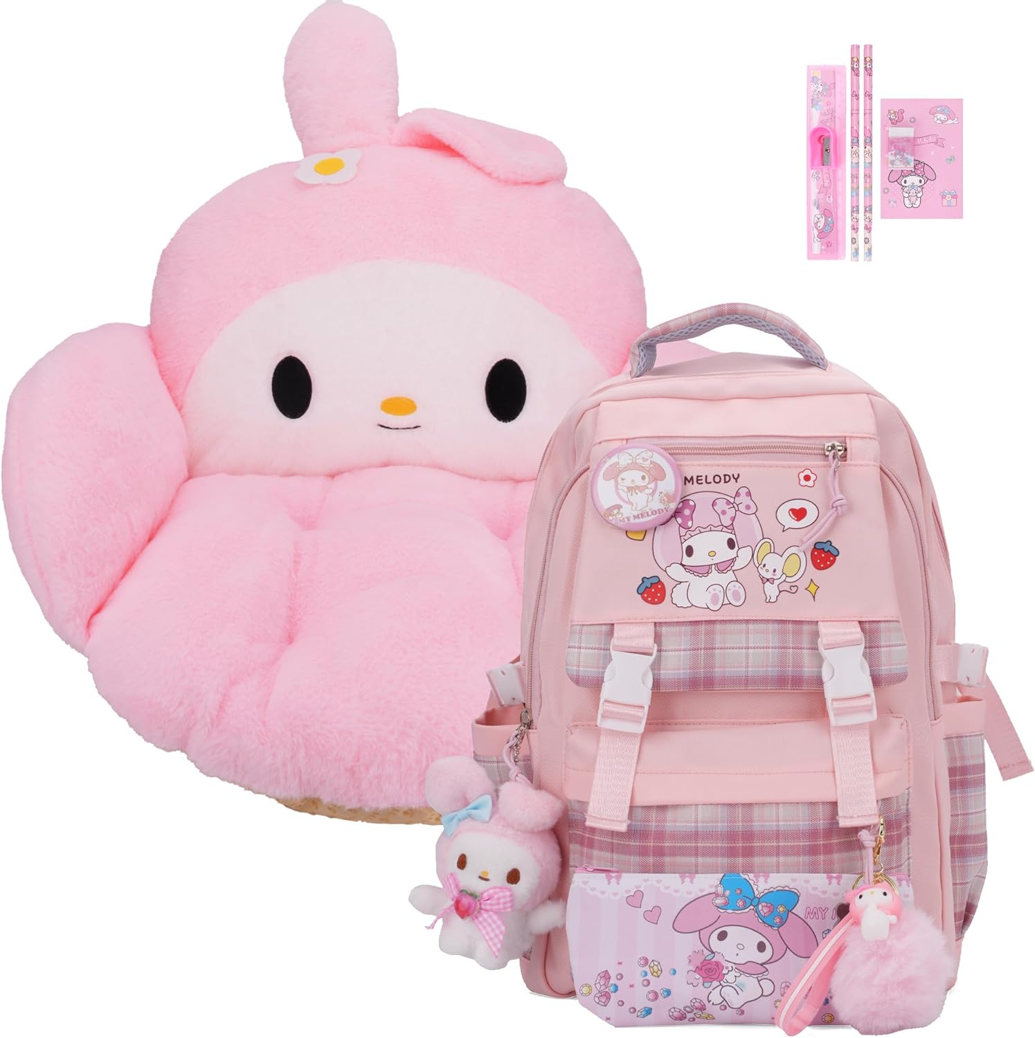 juju Pink Kawaii Backpack and Cushion Bundle - Cute Kawaii Stuff Mochila Kawaii - Kawaii Chair Cushion - Pink Room Decor Aesthetic - Cute Kawaii Stuff - Kawaii Room Decor