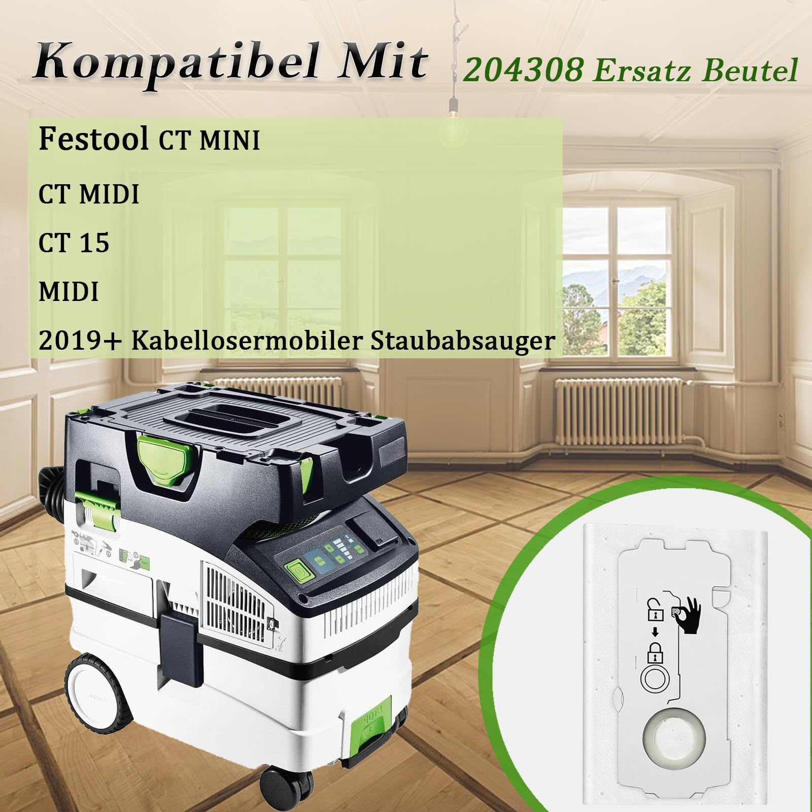 9 Stück SC-FIS-CT MINI/MIDI-2/5 Staubbeutel Ersatzteile SELFCLEAN Filtersack für Festool CT MINI/CT MIDI/CT 15 / MIDI 2019+ Staubsauger, Zubehör mit GroBer Kapazitat (204308 Ersatz Beutel)