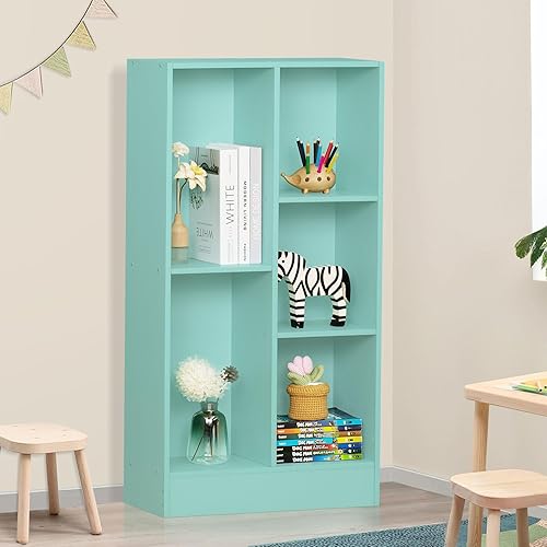 Miniatura 7 de LEYAOYAO Estantería de 5 cubos con base, estantería moderna de 3 niveles verde menta para niños, estantes anchos de pie, estante organizador de