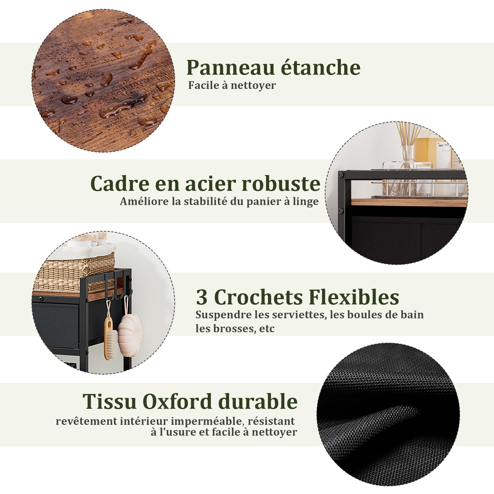 Panier à linge avec étagère et 2 tiroirs en tissu – 3 compartiments en tissu Oxford imperméable avec poignées et roulettes pivotantes, cadre en métal