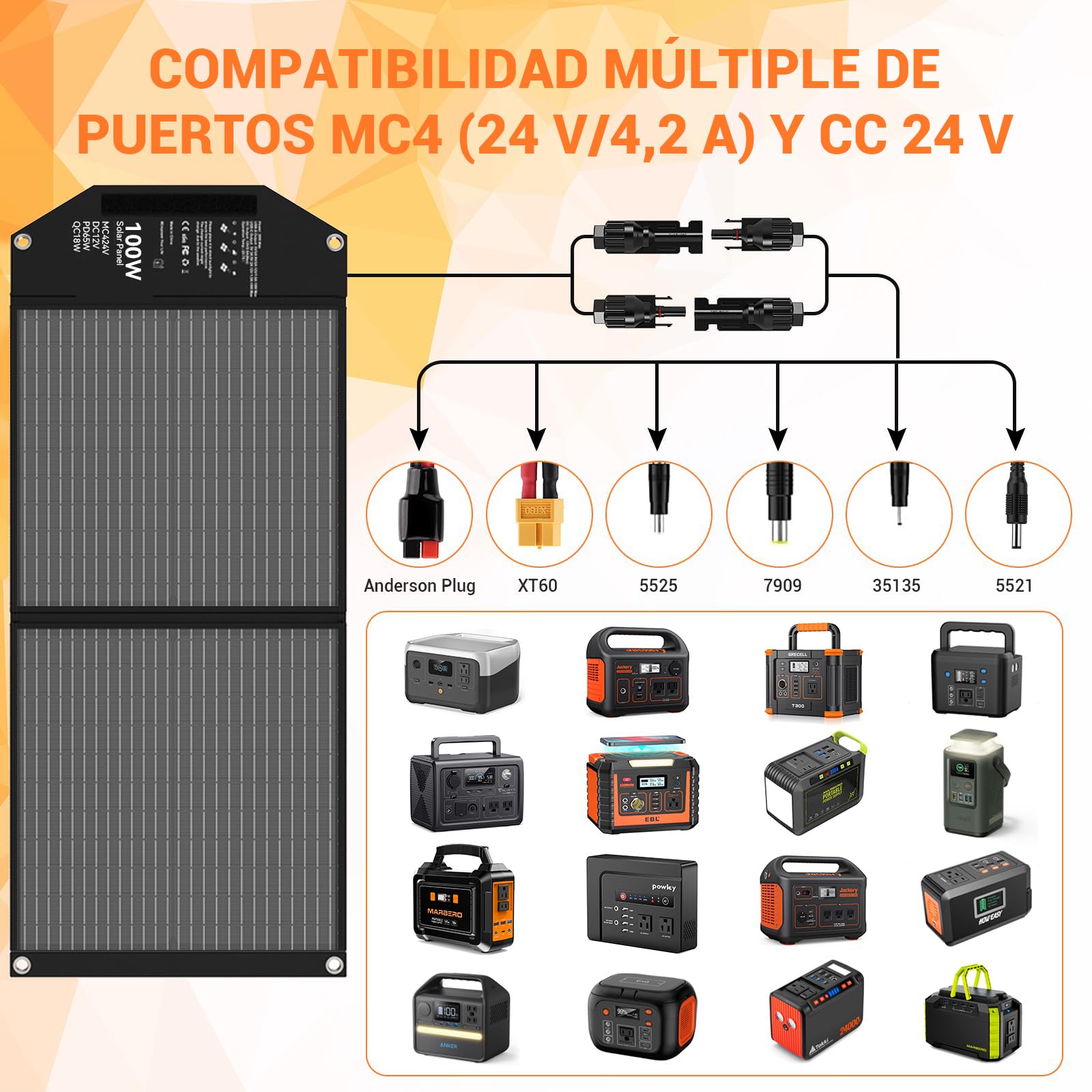 100W Panel Solar Portátil,USB-C PD, 65 W Carga Rápida, 24 V, MC4, CC, QC3.0, USB-A, Cargador Solar Para Central Eléctrica, Generador, Camping, Viajes Autocaravana, Vida Fuera De La Red
