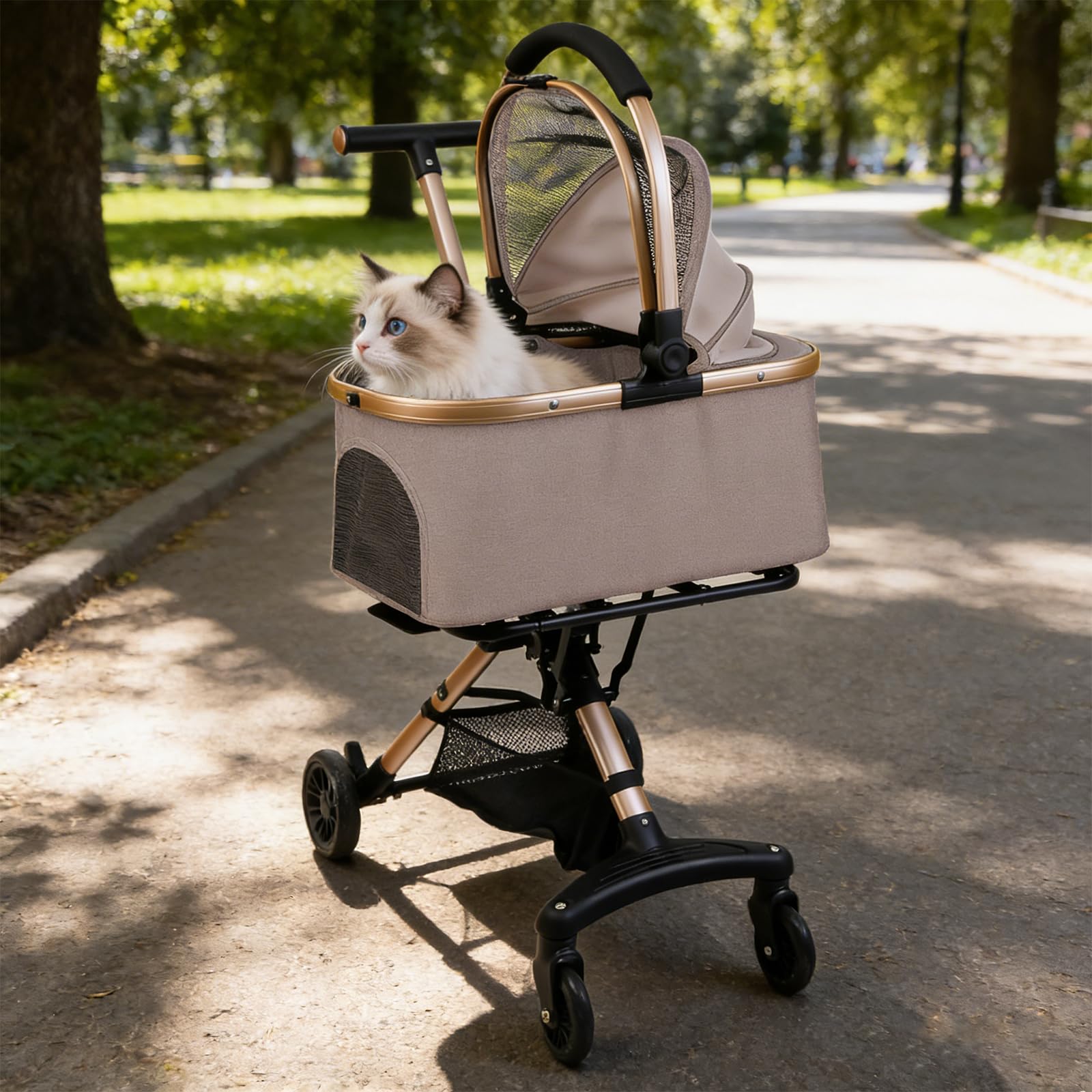 Poussette 3-en-1 Pliable pour Chien et Chat, avec Panier de Rangement, Rose | Avec Panier Détachable et Sac de Transport | 4 Roues 360° avec Laisse de Sécurité | Charge jusqu‘à 20 kg | 92x56x33cm