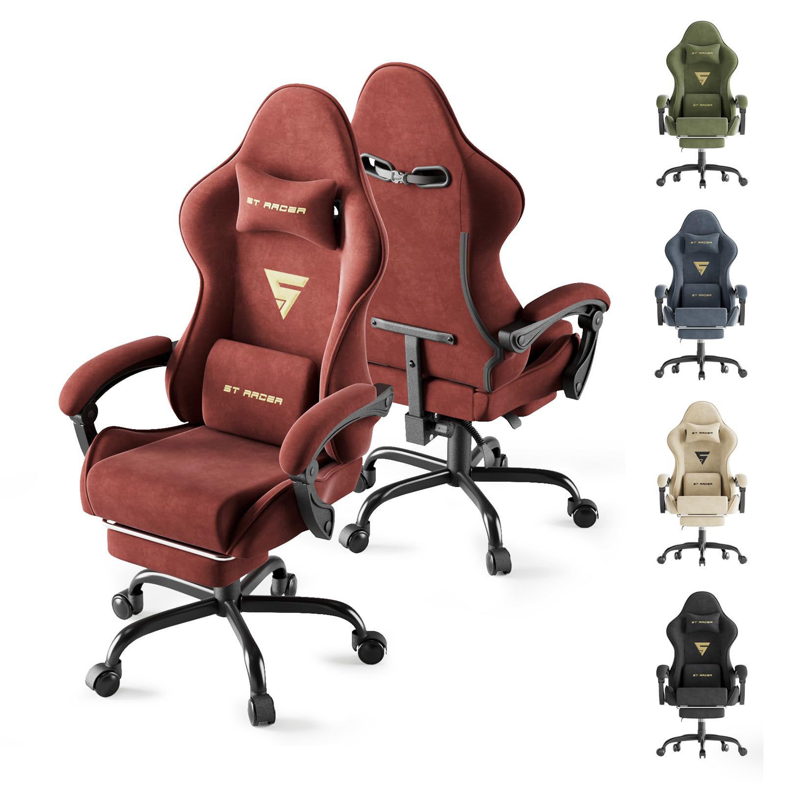 Ferghana Silla Gaming Silla Gaming con Masajeador, Silla Ergonómica de Terciopelo para Juegos, Silla Gamer con Lumbar, Reposapiés, Silla de Oficina, Capacidad de Peso de 250 Libras, Rojo Vino