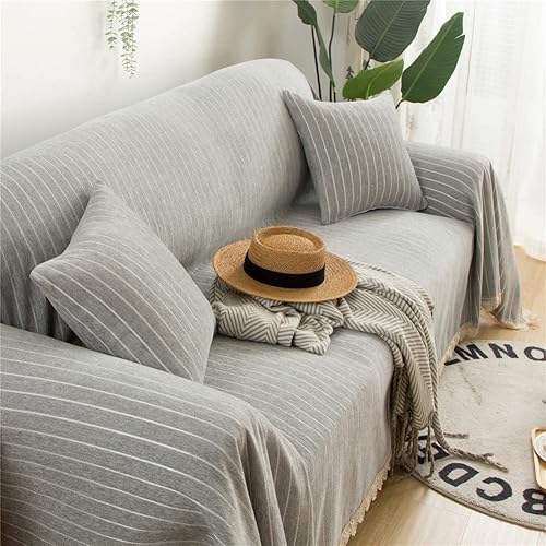 Miniatura 3 de Funda de sofá de felpilla antideslizante a rayas blancas y grises para sofá de 3 cojines, protector de sofá de lujo con flecos de encaje para niños