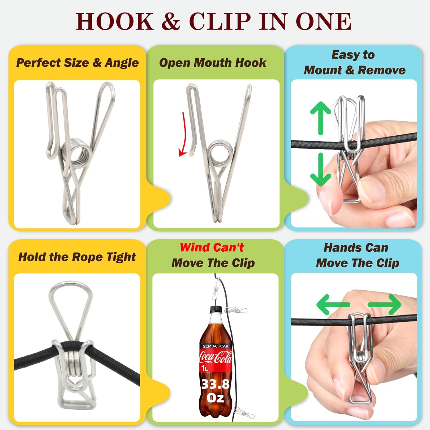 Travel Clothesline with Non-Slip Hook Clips (12pcs 304 Stainless Steel) Portable Clothes line for Cruise Ship/Beach Vacation/Camping Essentials (Patent Pending)