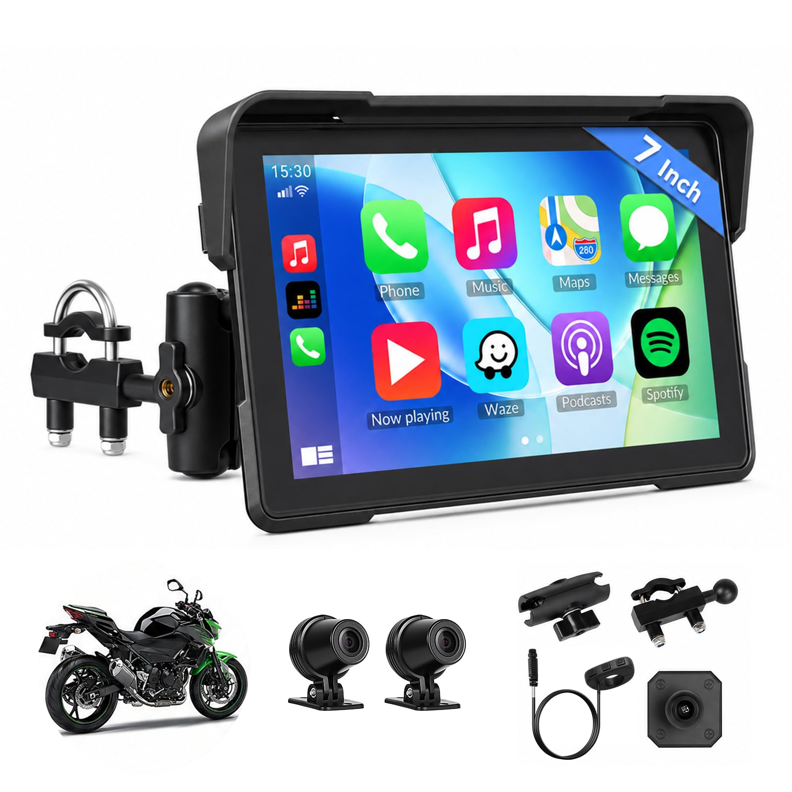 SIXTOP 7” Motorcycle CarPlay Screen w Dual 1080P Dash Cam CarPlay Android Auto GPS Navigation System for Motorcycle IP67 Waterproof Touch Screen Bluetooth Voice Control Wired Control Magnetic Mount