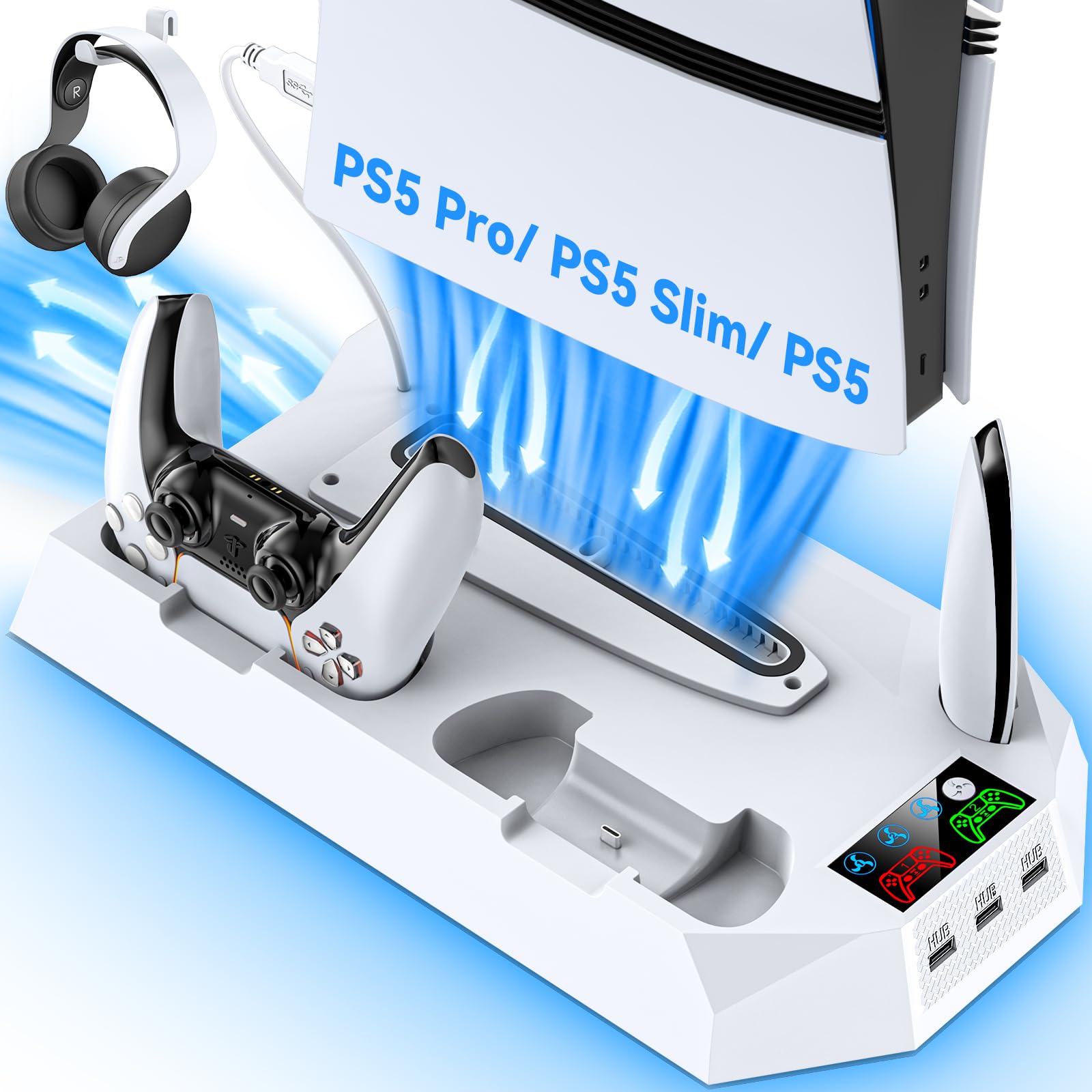 Tokluck Support PS5 pour PS5/PS5 Slim/PS5 Pro, Station de Refroidissement avec Charge à Double Manettes, Ventilateur de Refroidissement à 3 Vitesses avec Casque et 3 Ports USB