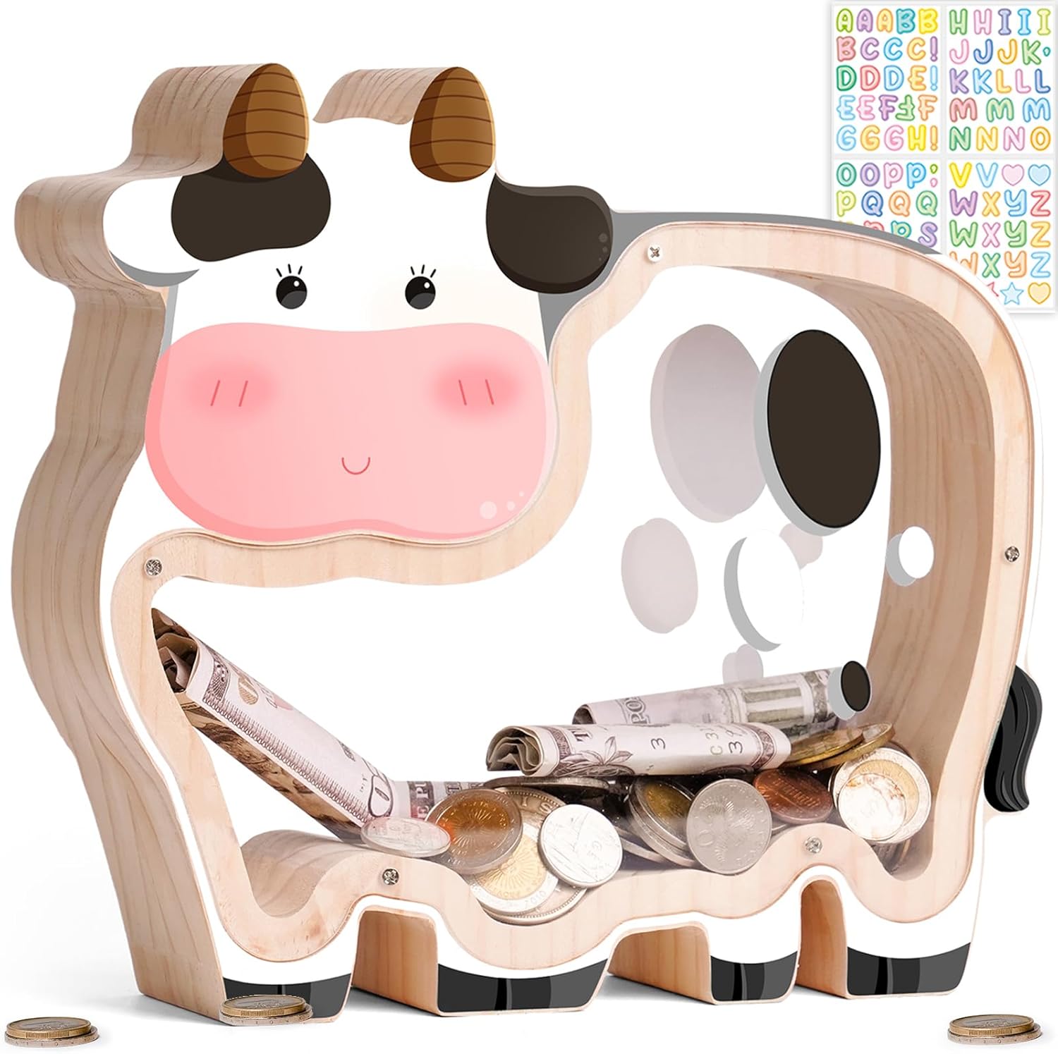Wooden Cow Piggy Bank for Kids, Dairy Cow Kids Piggy Bank, Unbreakable Toddler Money Bank for Girls Boys, DIY Safe Coin Box with Sticker, Birthday Gift for Girls, Room Decor, Educational Toy