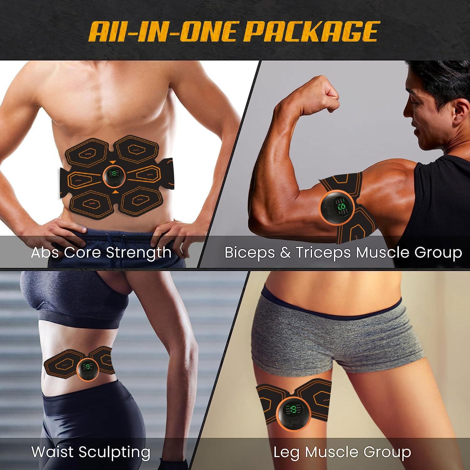 Electroestimulador Muscular, EMS Abdominales Cinturón, Estimulador Muscular Abdominales, Masajeador Eléctrico Cinturón con USB Recargable para Abdominales Brazos Piernas