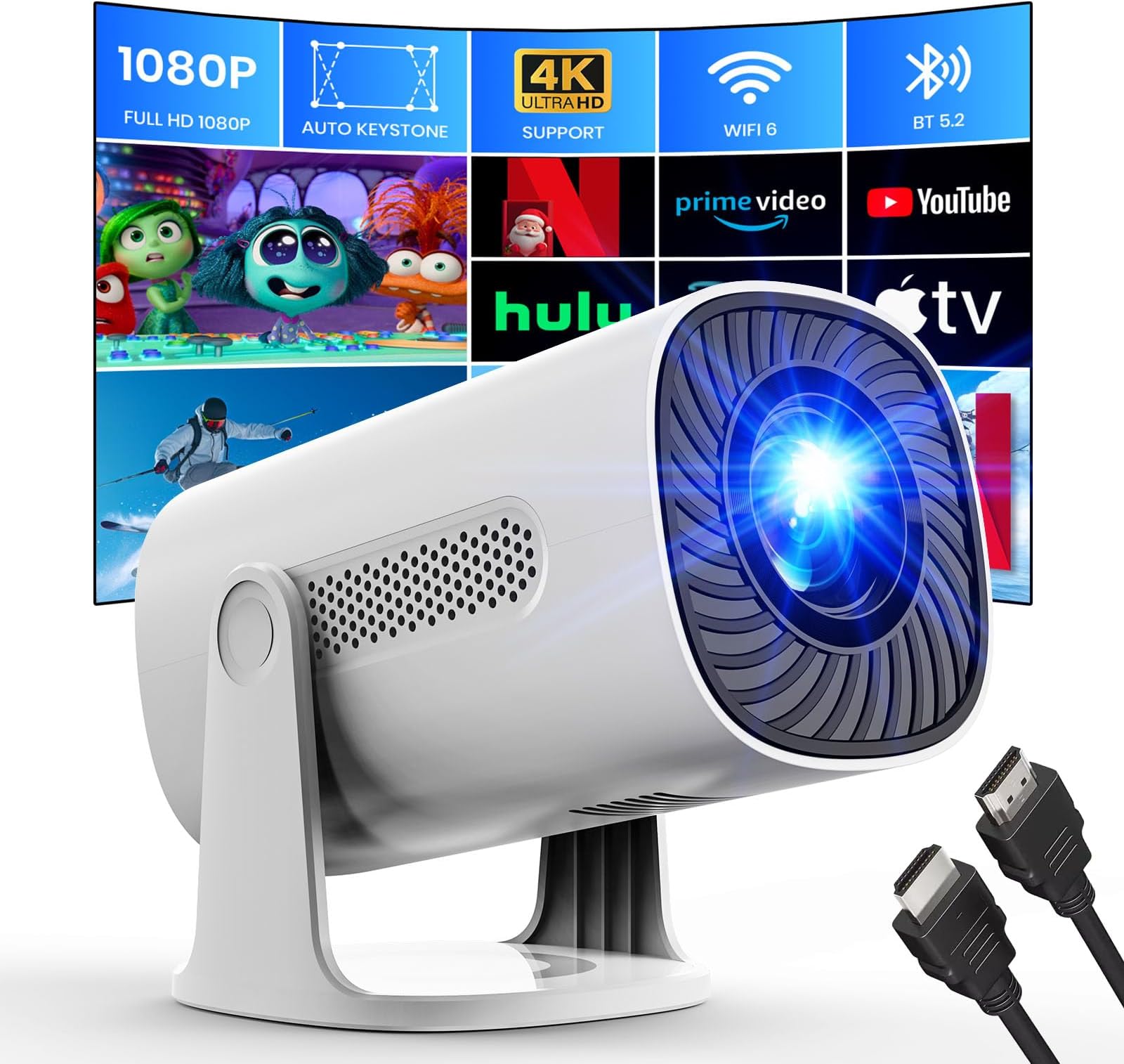Vidéoprojecteur 2025 Upgradé 26000Lm 4K Supporté – WiFi6, Netflix Intégré, Auto Keystone, 300'' Écran