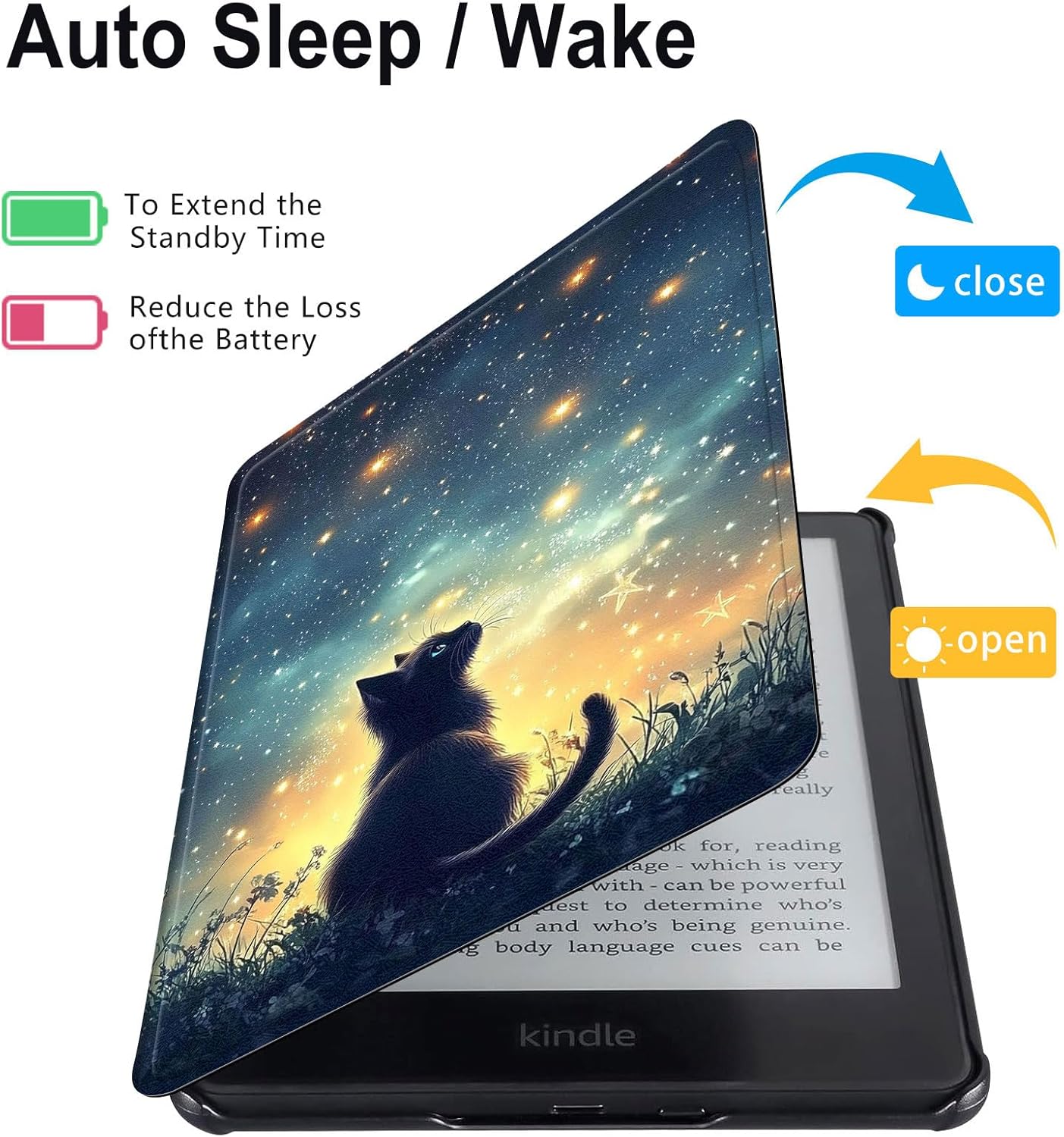 Case Fits 6" All-New Kindle (11th Generation-2024/2022 Release) – Premium PU Leather Cover with Auto Sleep/Wake, Lightweight & Durable Kindle Case for Kindle 11th Gen 2024, Black Cat Sky
