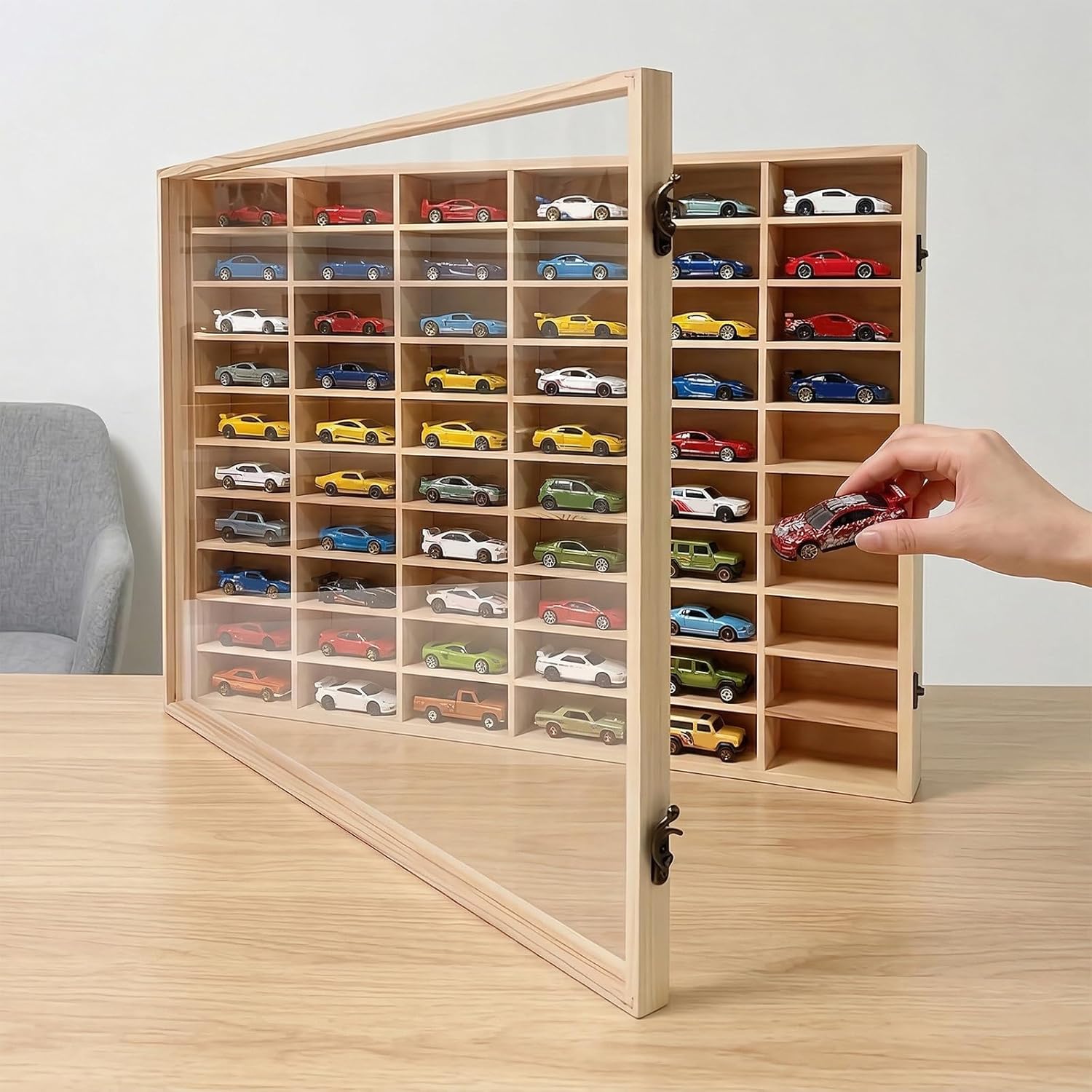 Wooden Storage Display Shelf with Dust Resistant Acrylic Door Model Car Storage Cabinet 1:64 Scale Model Car Display Organizer Store Up to 50 Mini Cars